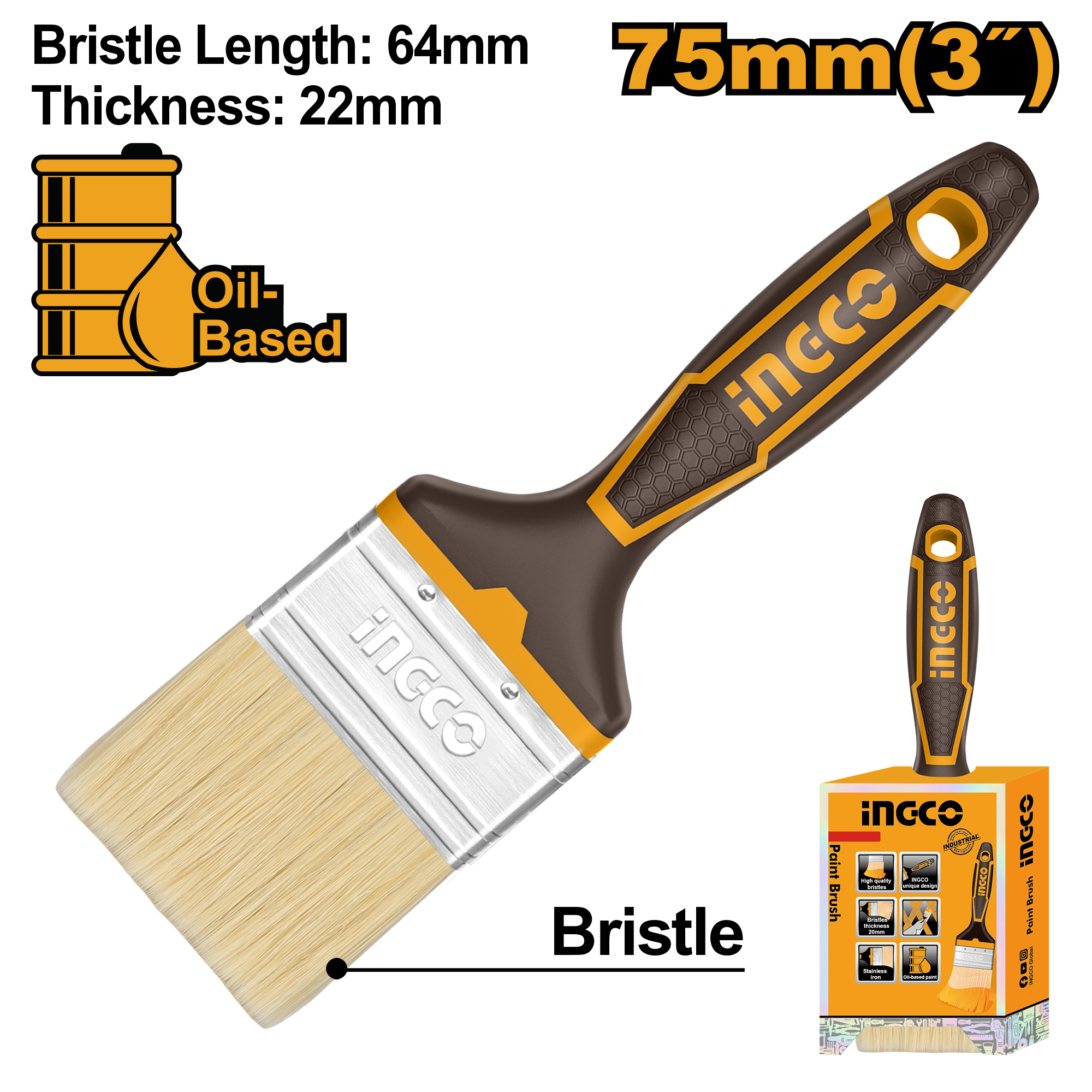 Paint brush 75mm thickness 22mm with plastic handle - CHPTB8703 - INGCO