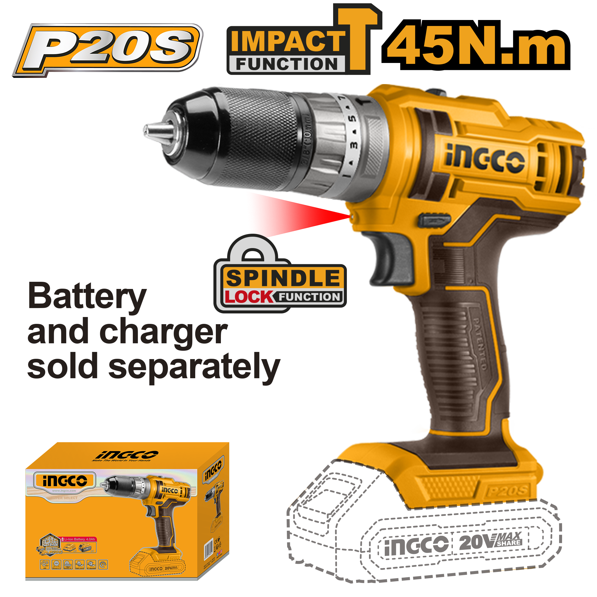 Lithium ion impact drill 45nm 20v solo - CIDLI201455 - INGCO