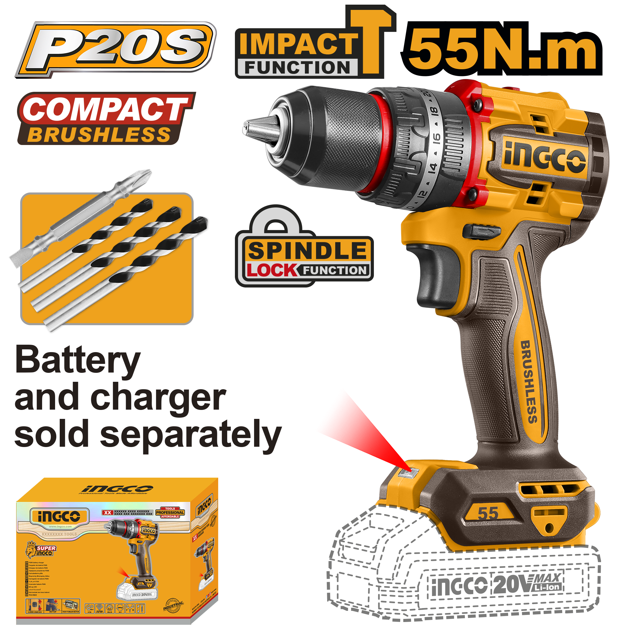 Compact brushless cordless impact drill 55nm solo - CIDLI205581 - INGCO