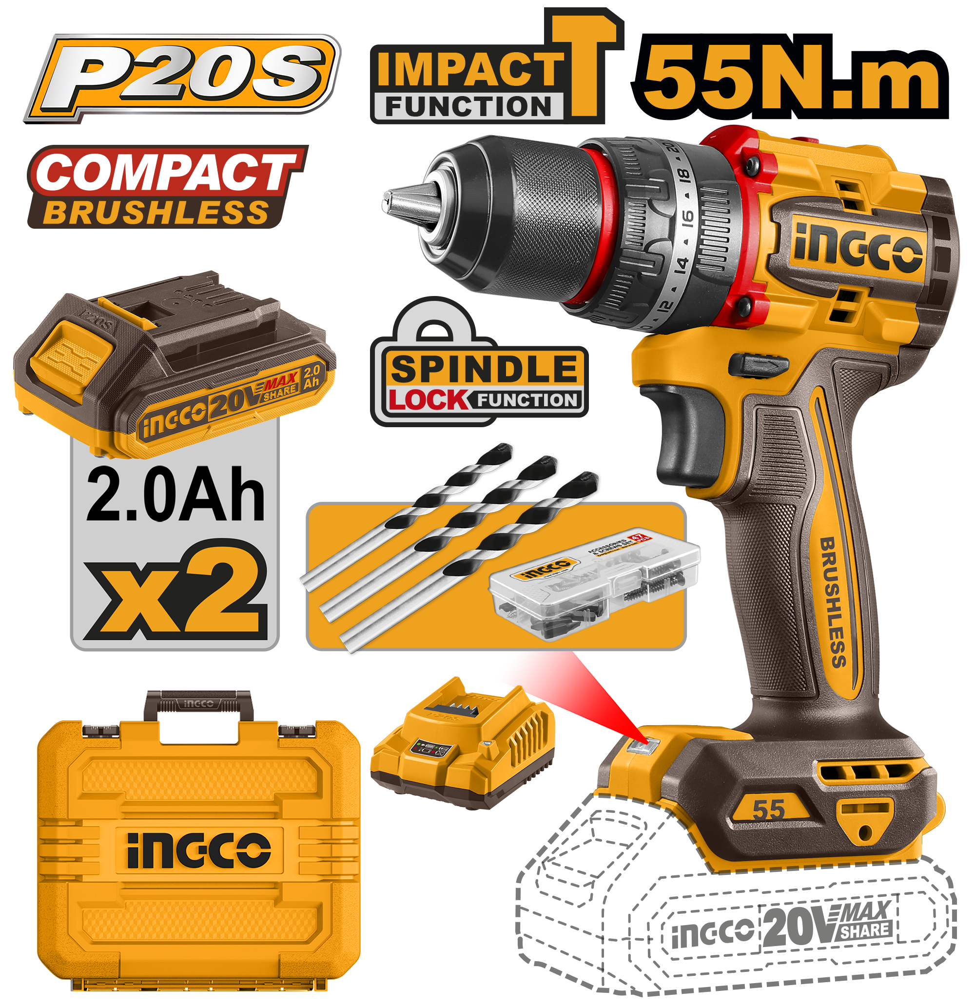 Compact brushless cordless impact drill 20v set 55nm - CIDLI20558E - INGCO