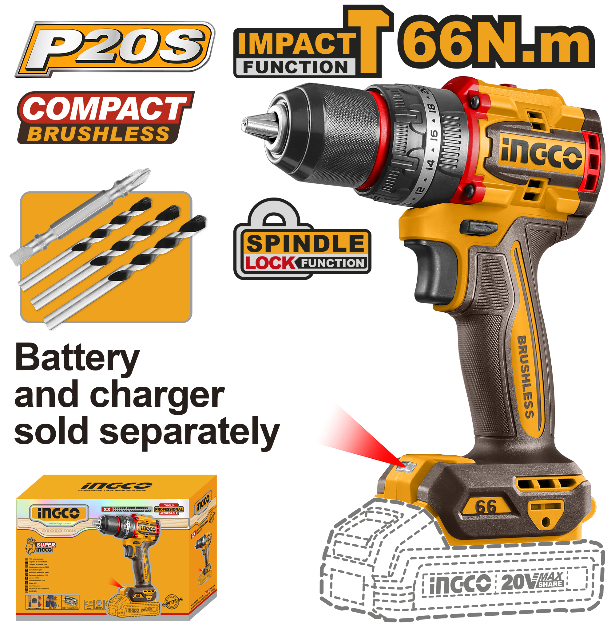 Compact brushless cordless impact drill 66nm 20v solo - CIDLI206681 - INGCO