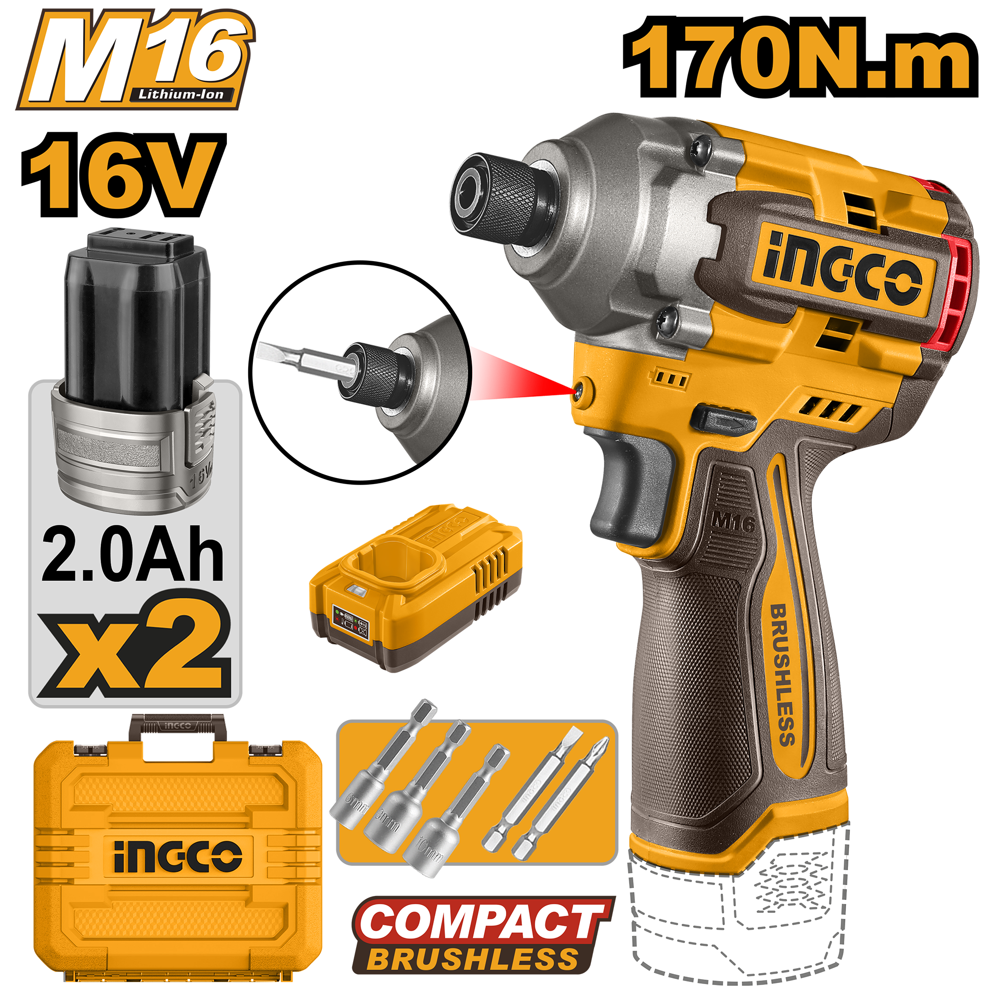 Cordless impact driver 16v 170nm set - CIRLI16178E - INGCO