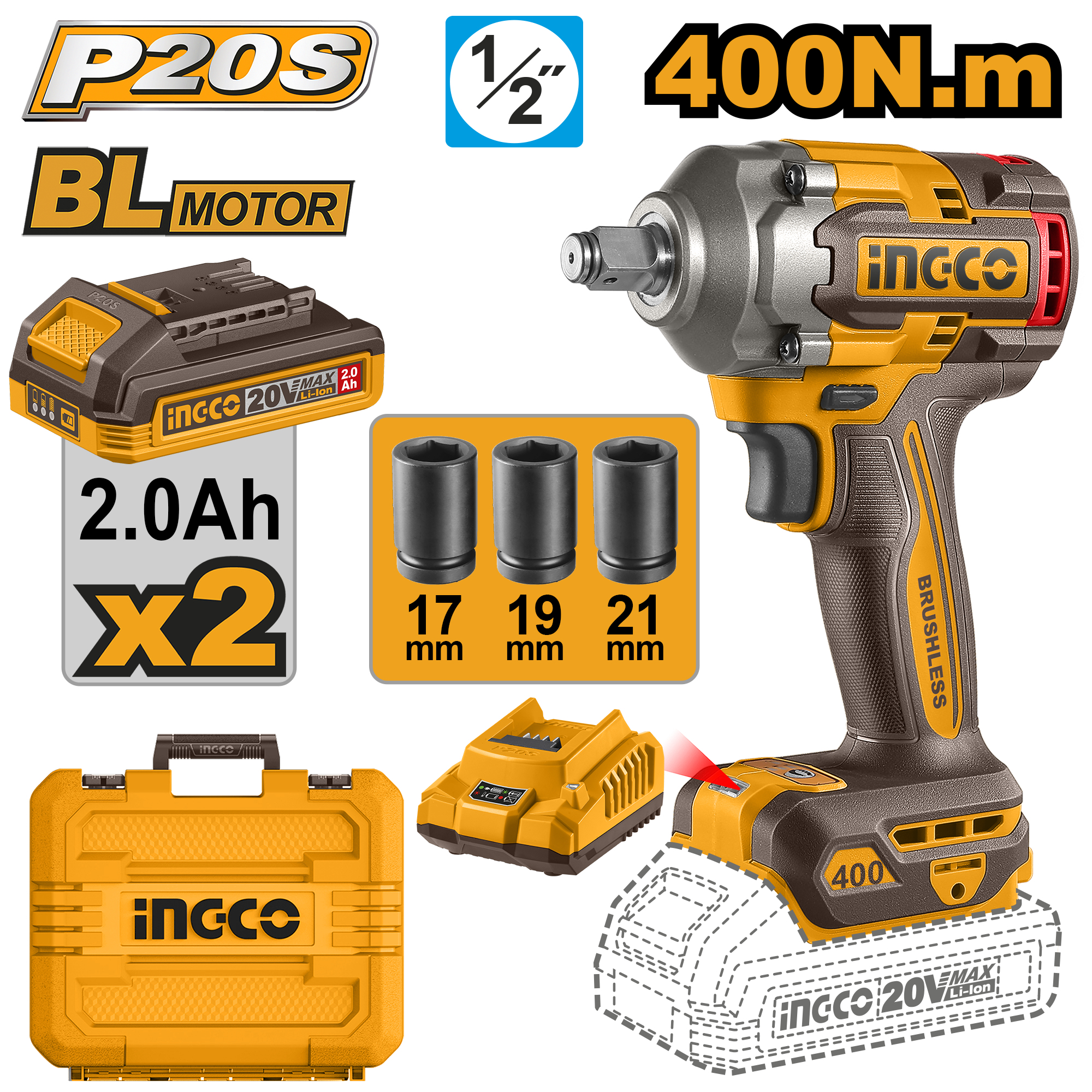 Cordless impact wrench 400nm bl set - CIWLI2040E - INGCO