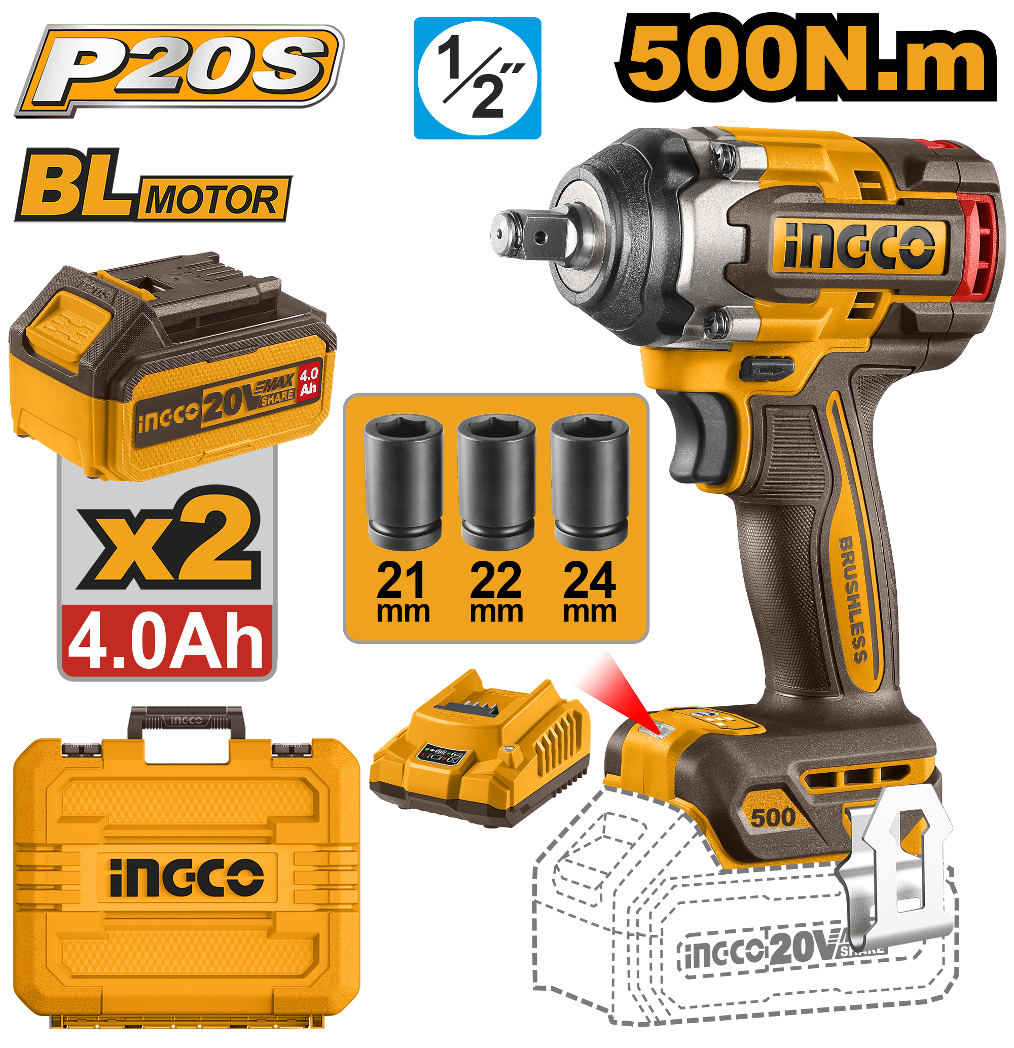 Cordless impact wrench 20v 500nm set - CIWLI2050 - INGCO