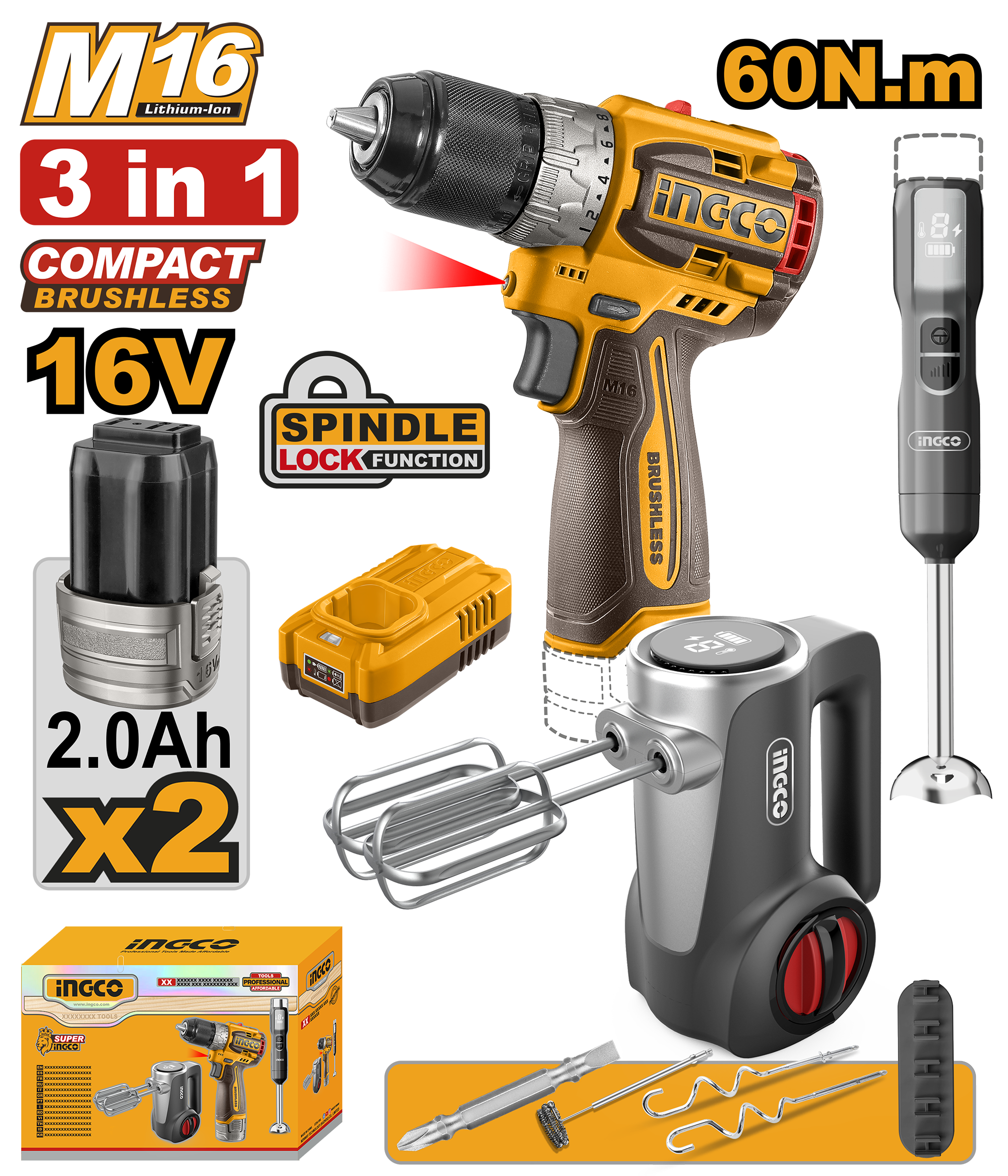 Cordless compact drill, hand blender and hand mixer 3pcs combo kit 16v - CKLI1638 - INGCO
