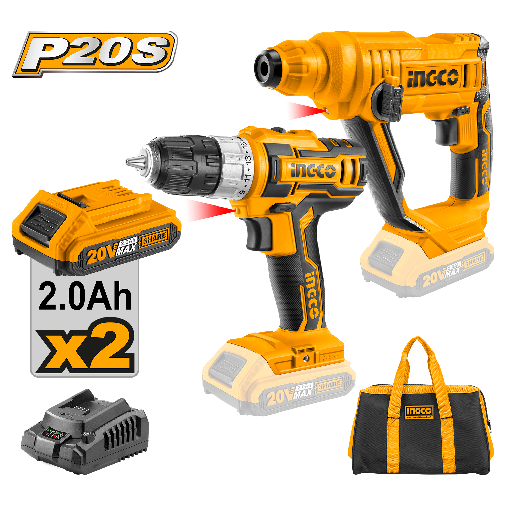 Cordless drill and rotary hammer 20v set 2pcs combo kit - CKLI2008 - INGCO