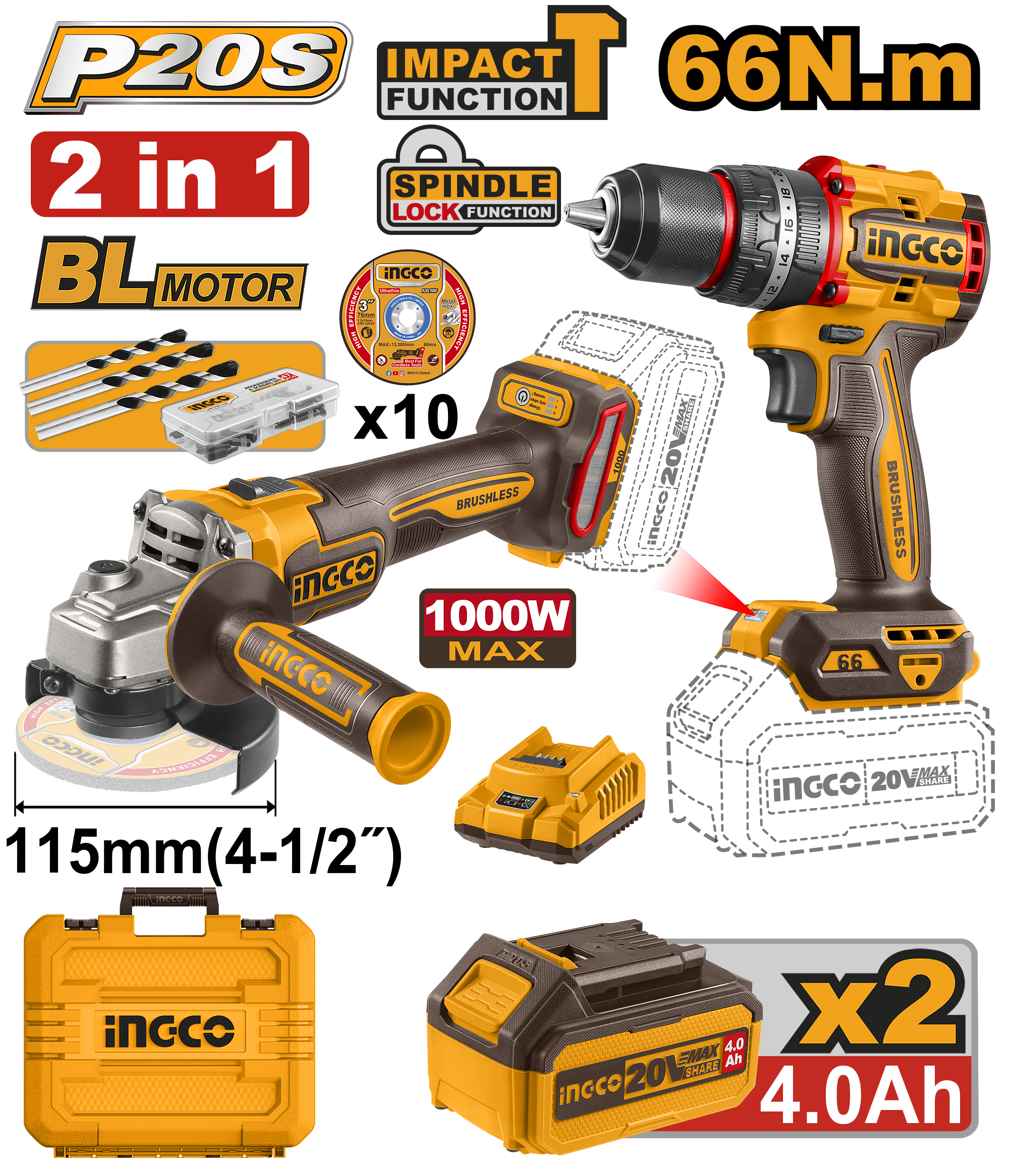 Drill and angle grinder cordless 2pcs combo kit - CKLI20273E - INGCO