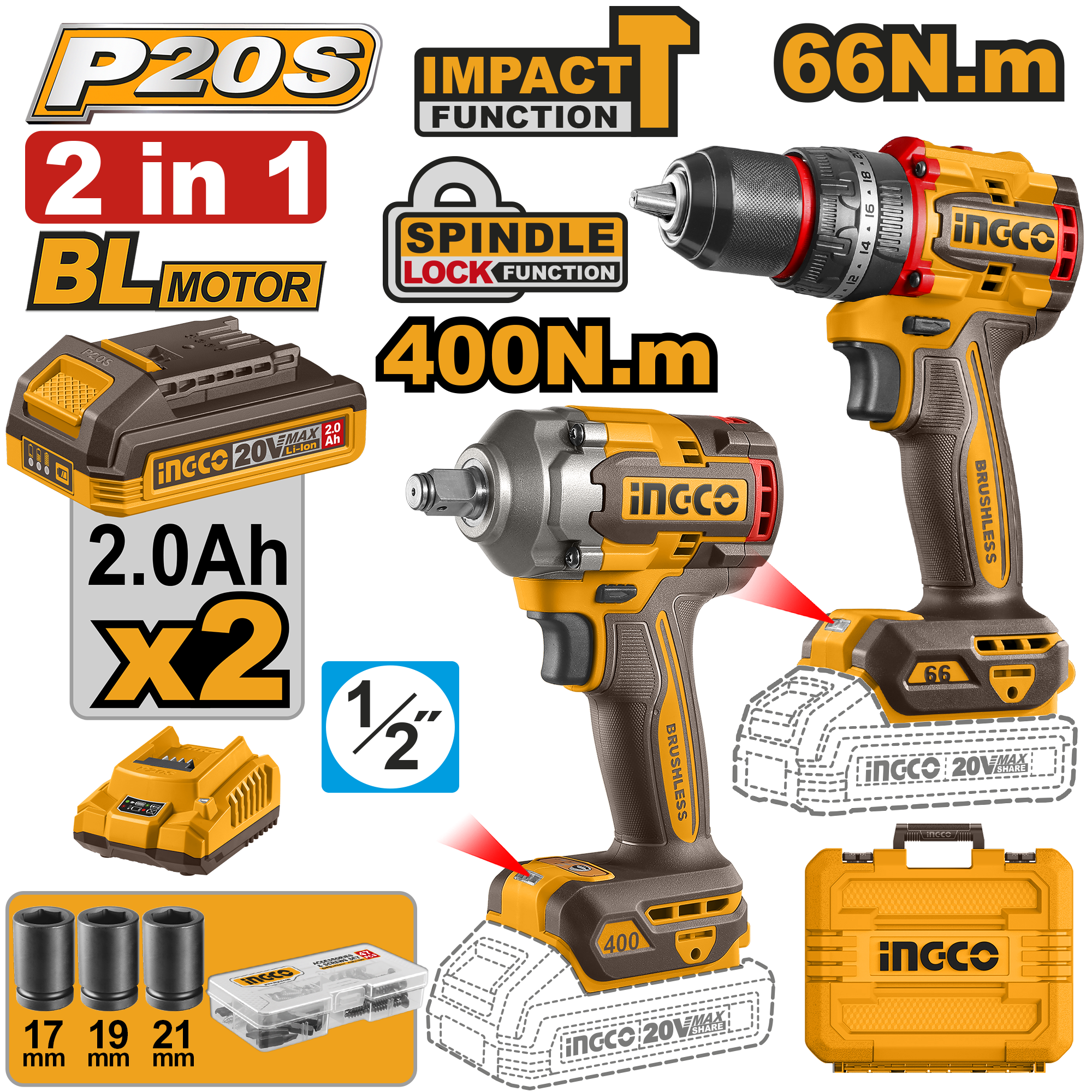 Compact bl cordless impact drill66nm and impact wrench 400nm 2pcs combo kit - CKLI20275E - INGCO