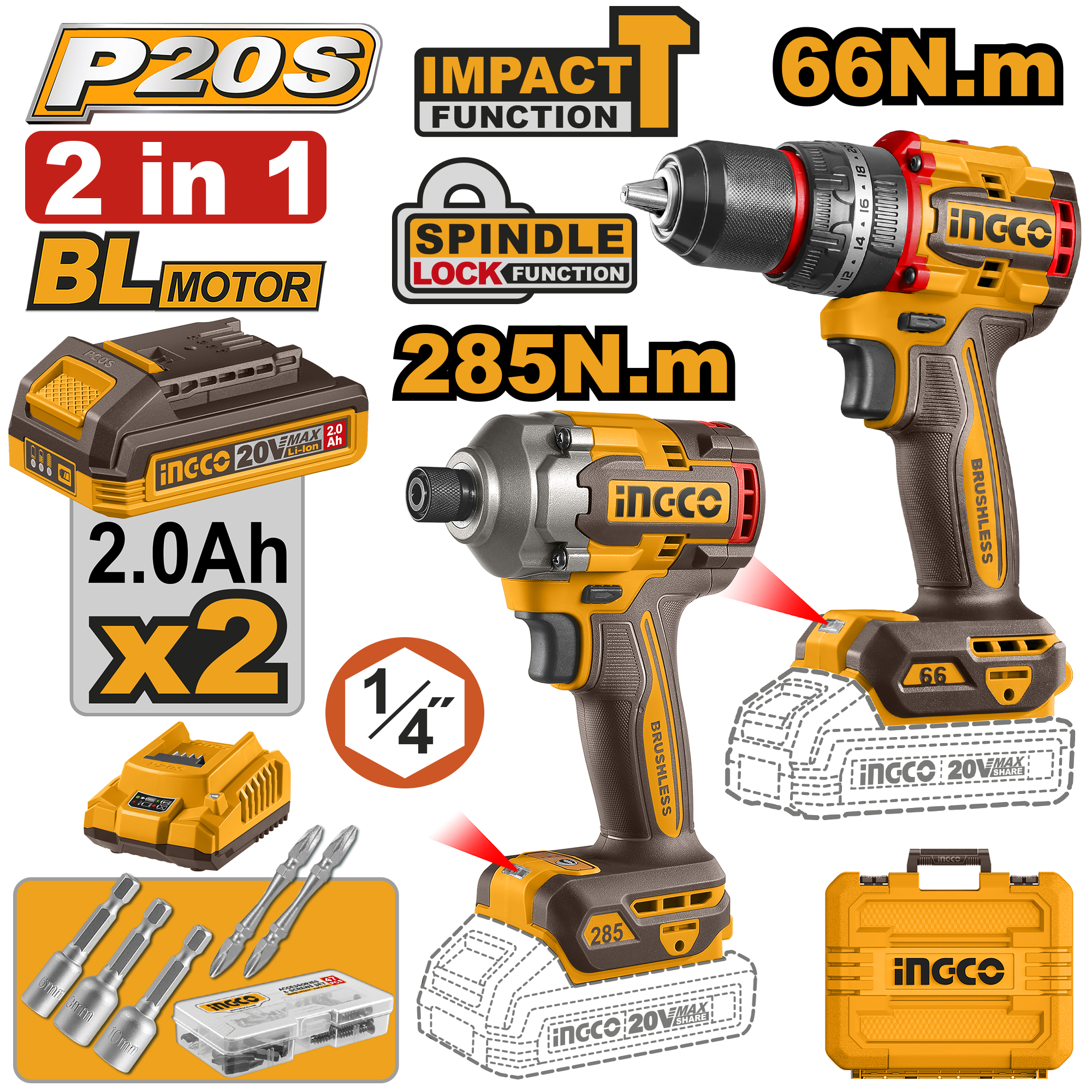 Impact driver and drill cordless 2pcs combo kit - CKLI20277E - INGCO