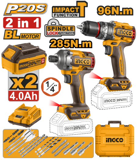 Brushless cordless impact drill and driver 2pcs combo kit - CKLI209628 - INGCO