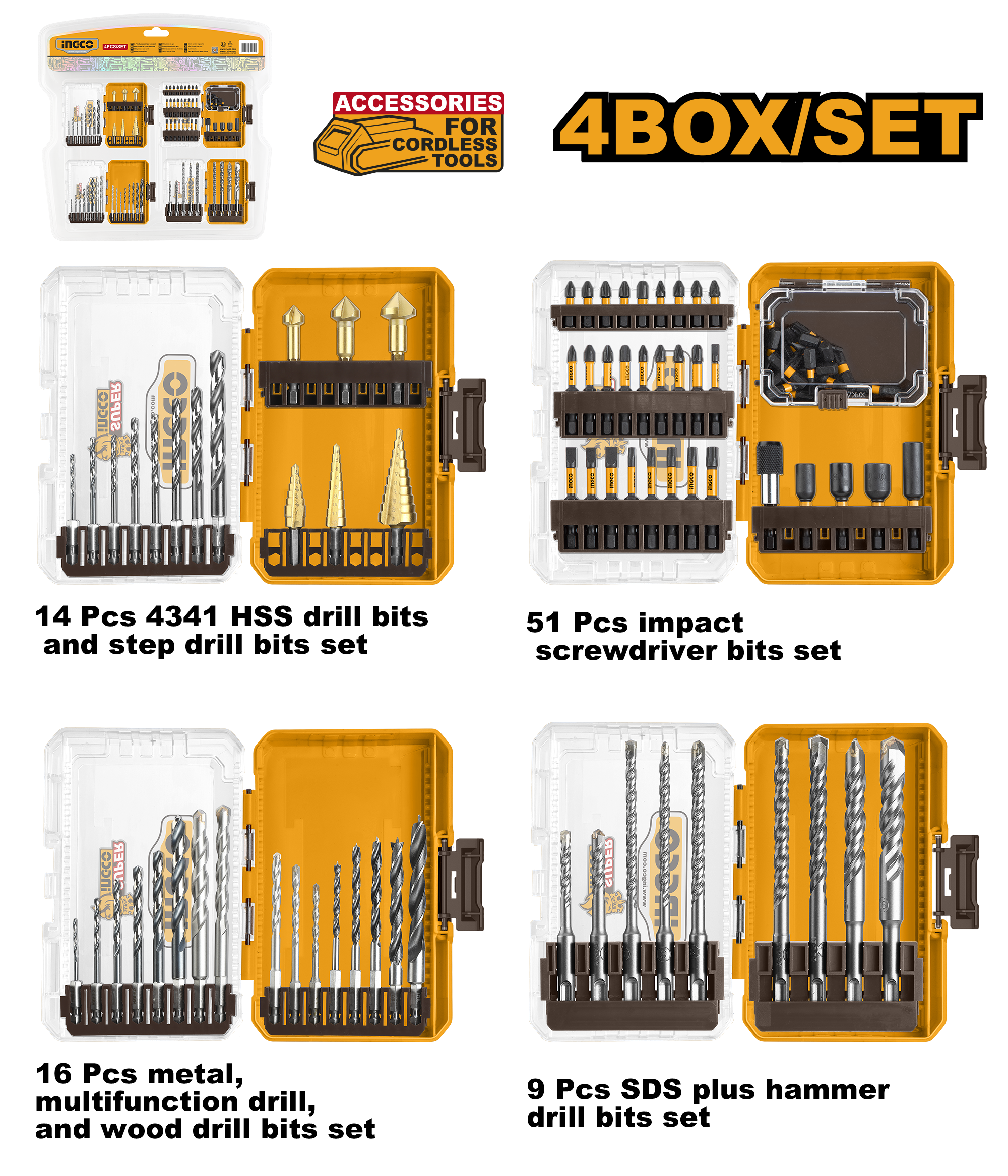 Accessories for cordless drill and rotary hammer 4 box set - COS24094 - INGCO