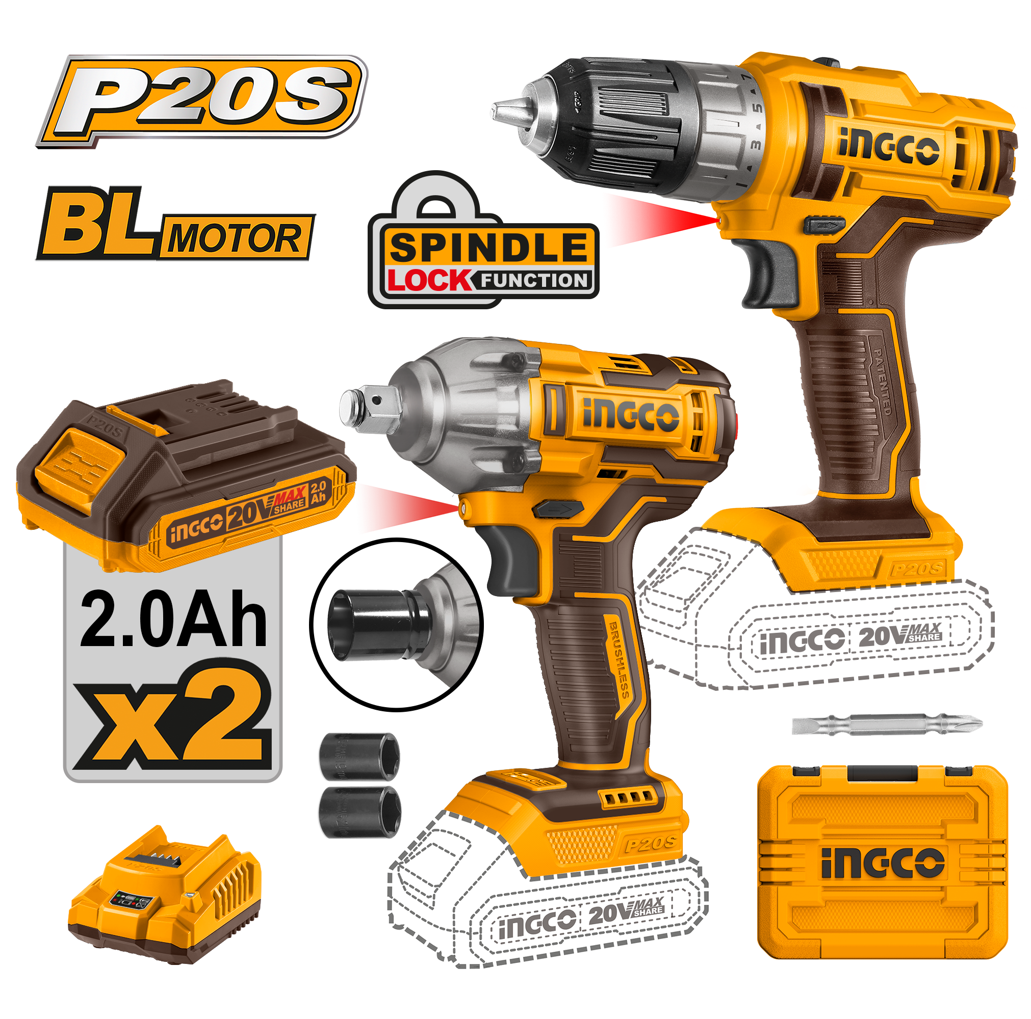 Cordless drill and impact wrench 2pcs combo kit 20v - COSLI230702 - INGCO