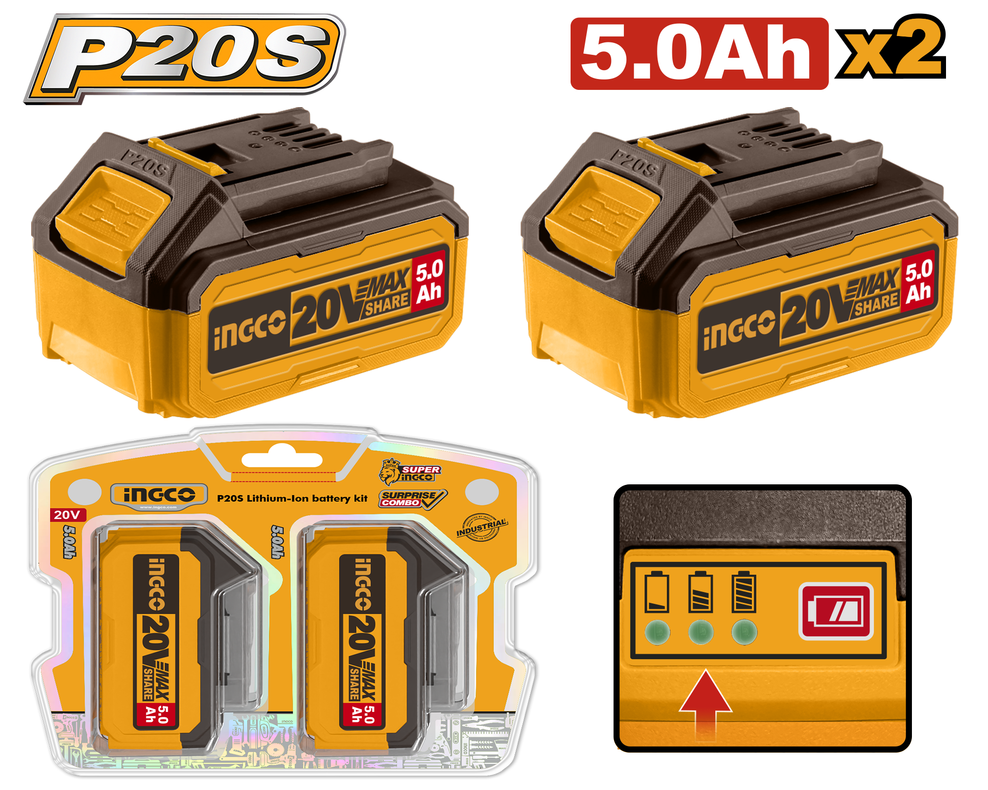 P20s lithium ion battery kit 5.0ah x2 - COSLI240464E - INGCO