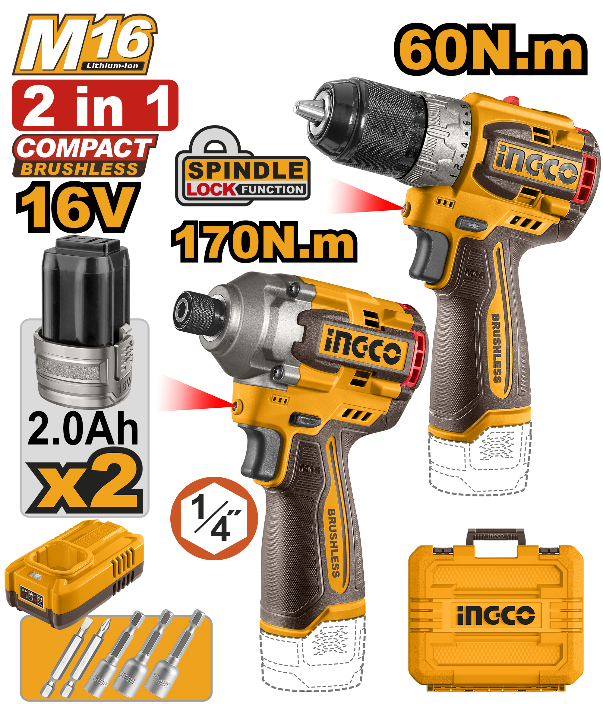 Brushless drill and impact drive cordless 2pcs combo kit 16v - COSLI240968E - INGCO
