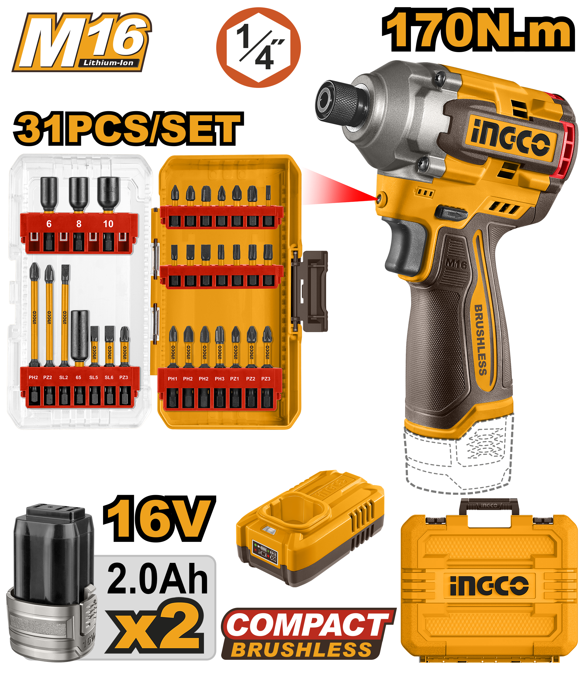 Cordless impact driver 16v 170nm 16v bl set - COSLI241083E - INGCO