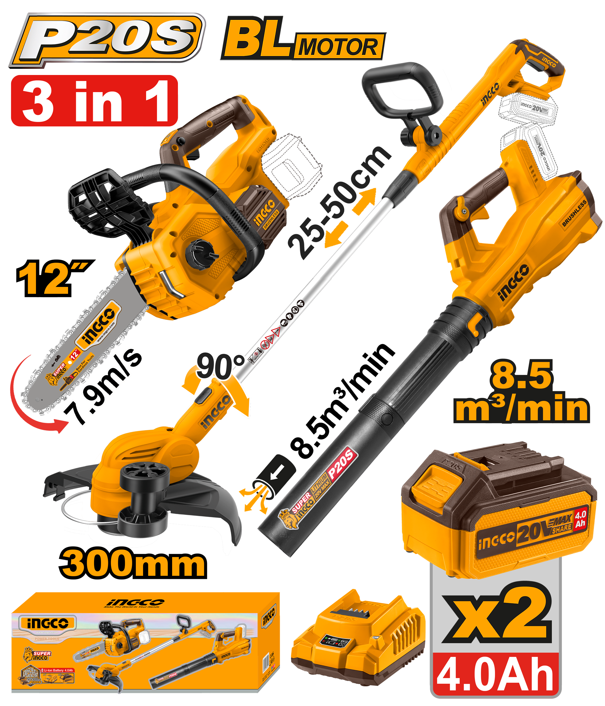 Cordless chain saw, grass trimmer and blower 3pcs combo kit - COSLI241189E - INGCO