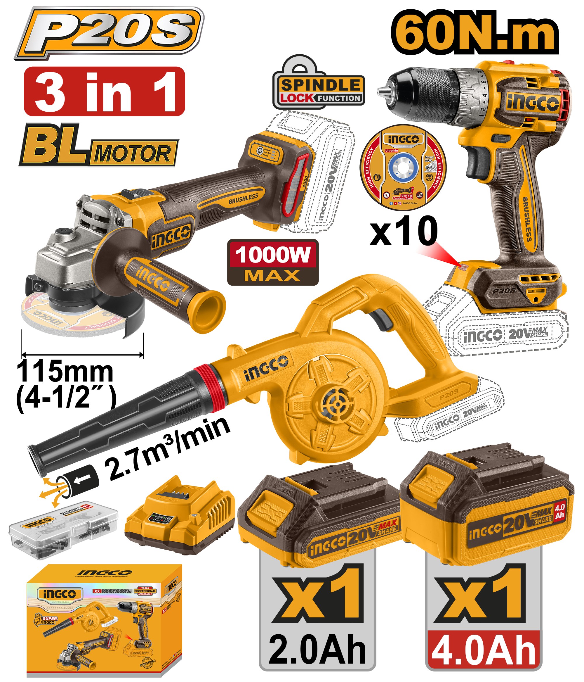 3 In 1 cordless angle grinder, blower and compact brushless drill 3pcs combo kit - COSLI241192E - INGCO