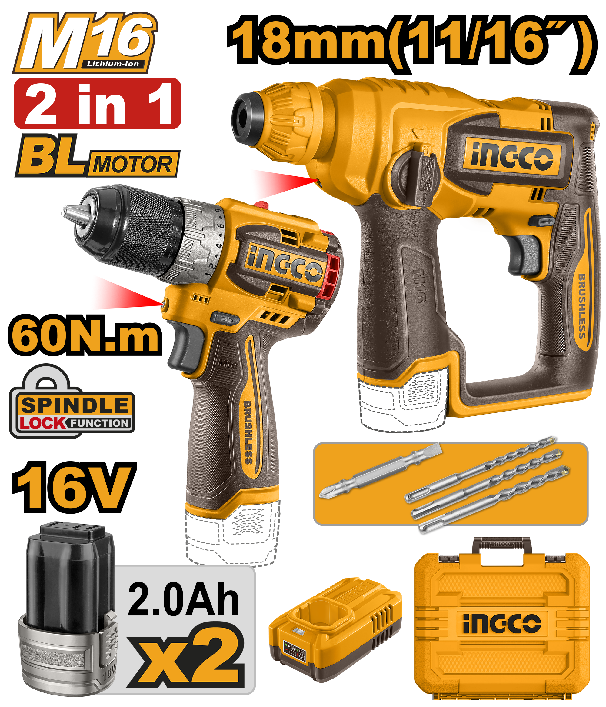 Compact brushless cordless drill and rotary hammer 2pcs combo kit 16v - COSLI241295 - INGCO