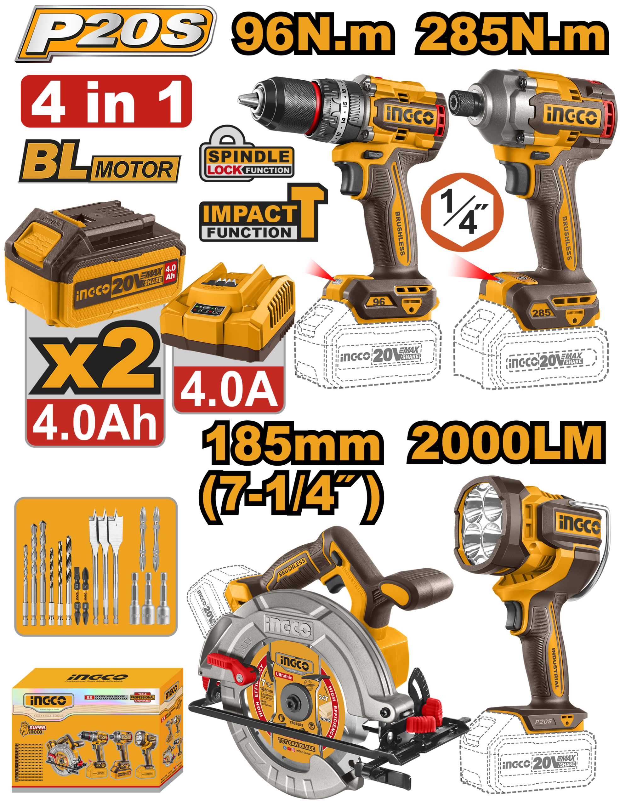 Compact bl cordless impact drill, driver, circular saw, work lamp 4pcs combo kit - COSLI241297E - INGCO