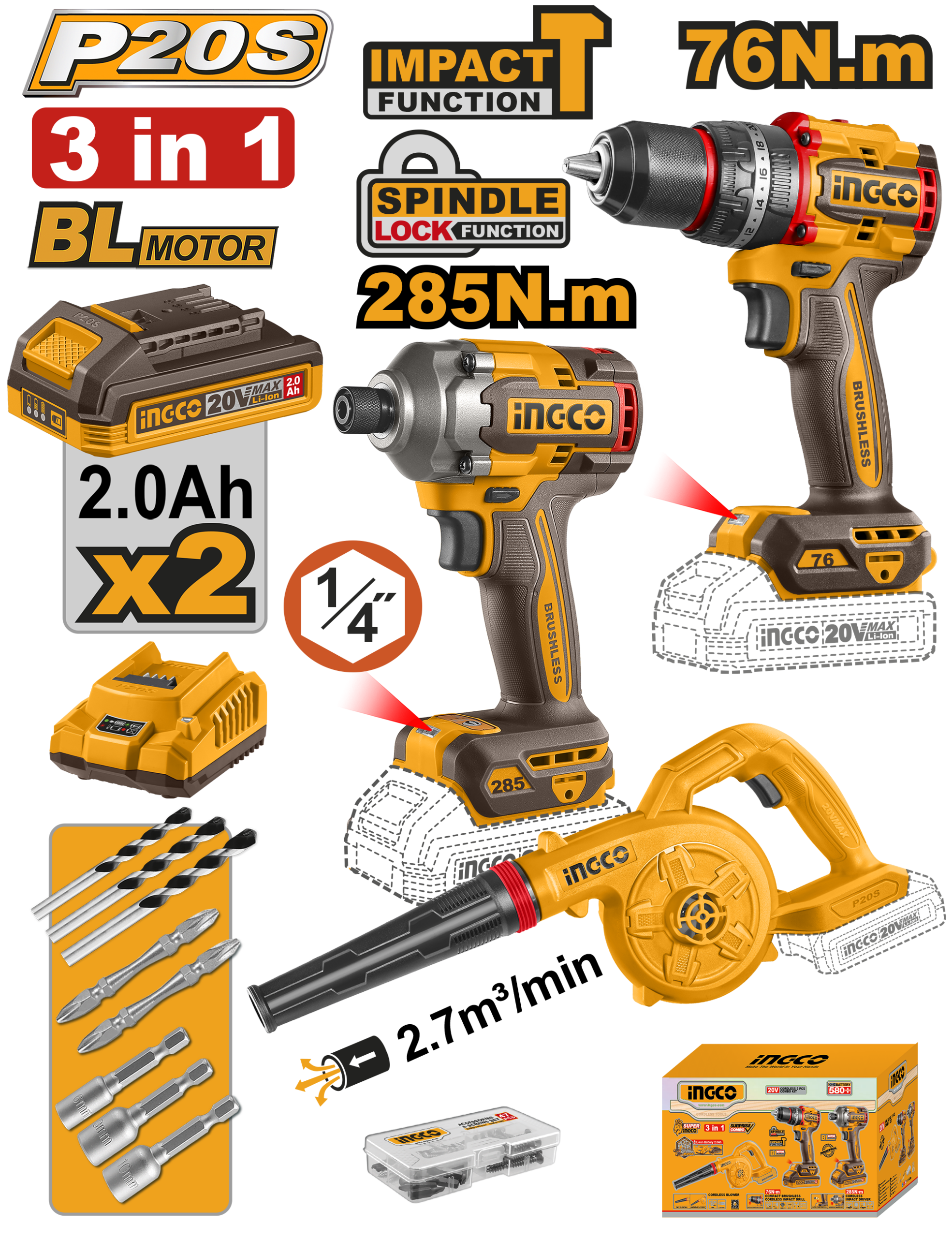 Compact bl cordless impact drill, driver and blower 3pcs combo kit - COSLI250182E - INGCO
