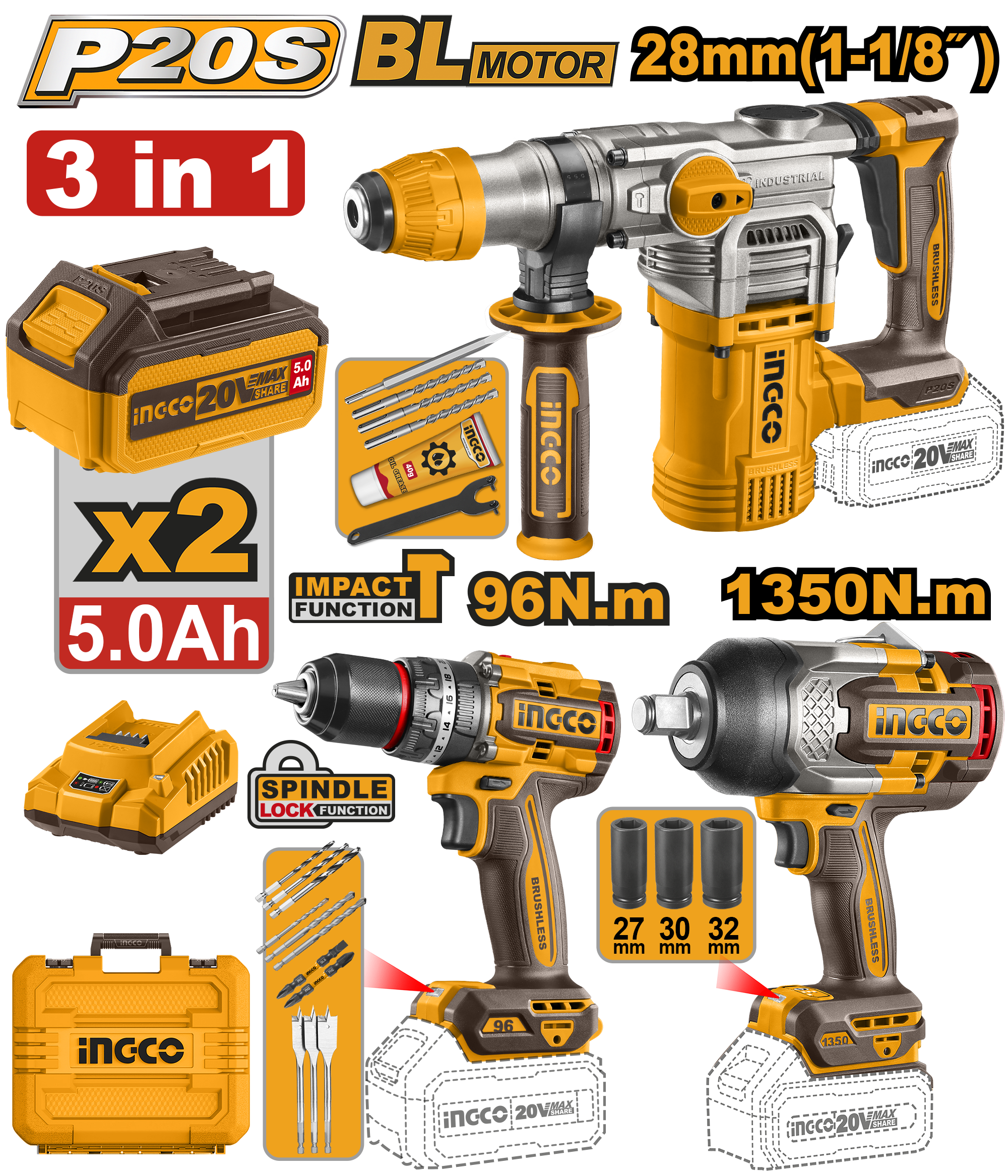 Cordless rotary hammer, impact wrench and bl impact drill 3pcs combo kit 20v - COSLI250281E - INGCO