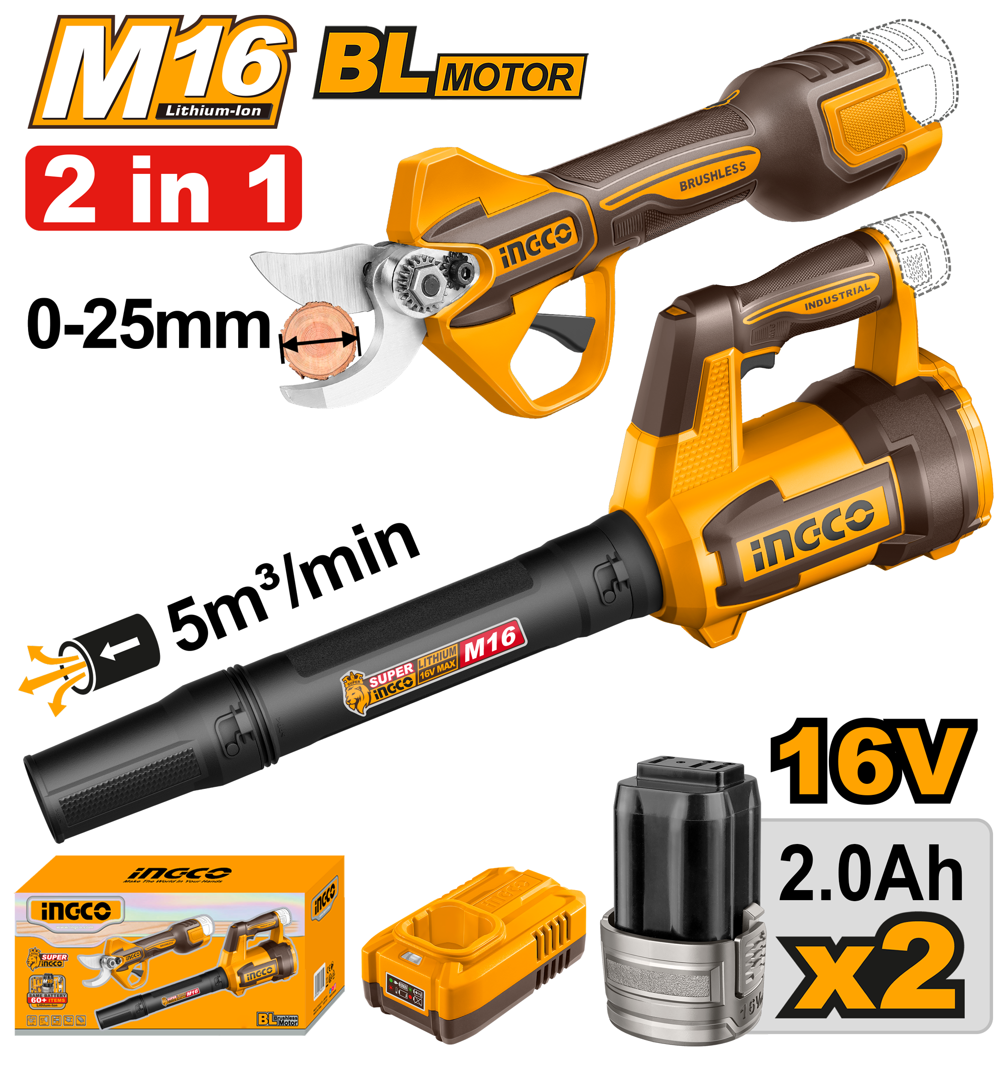 Cordless gauge straight shear and blower 2pcs combo kit 16v - COSLI250385E - INGCO