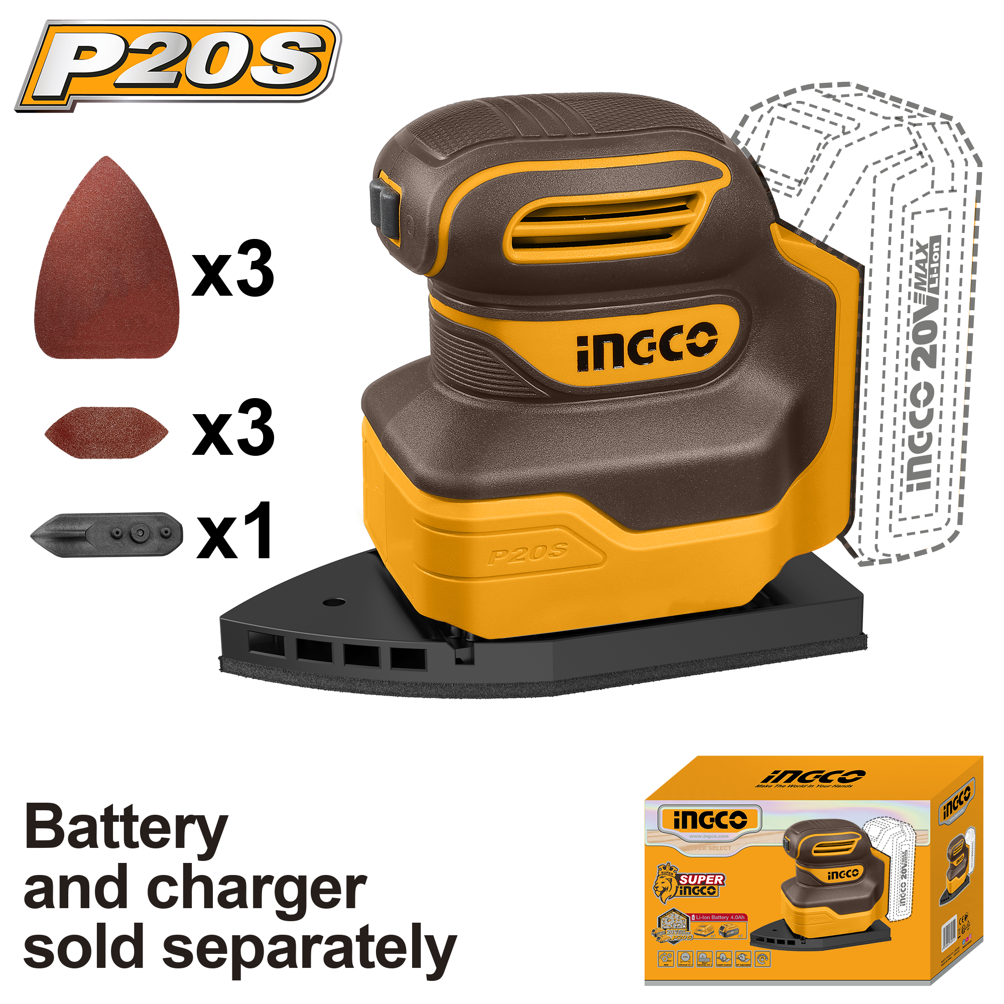 Cordless palm sander 20v solo - CPSLI2014 - INGCO