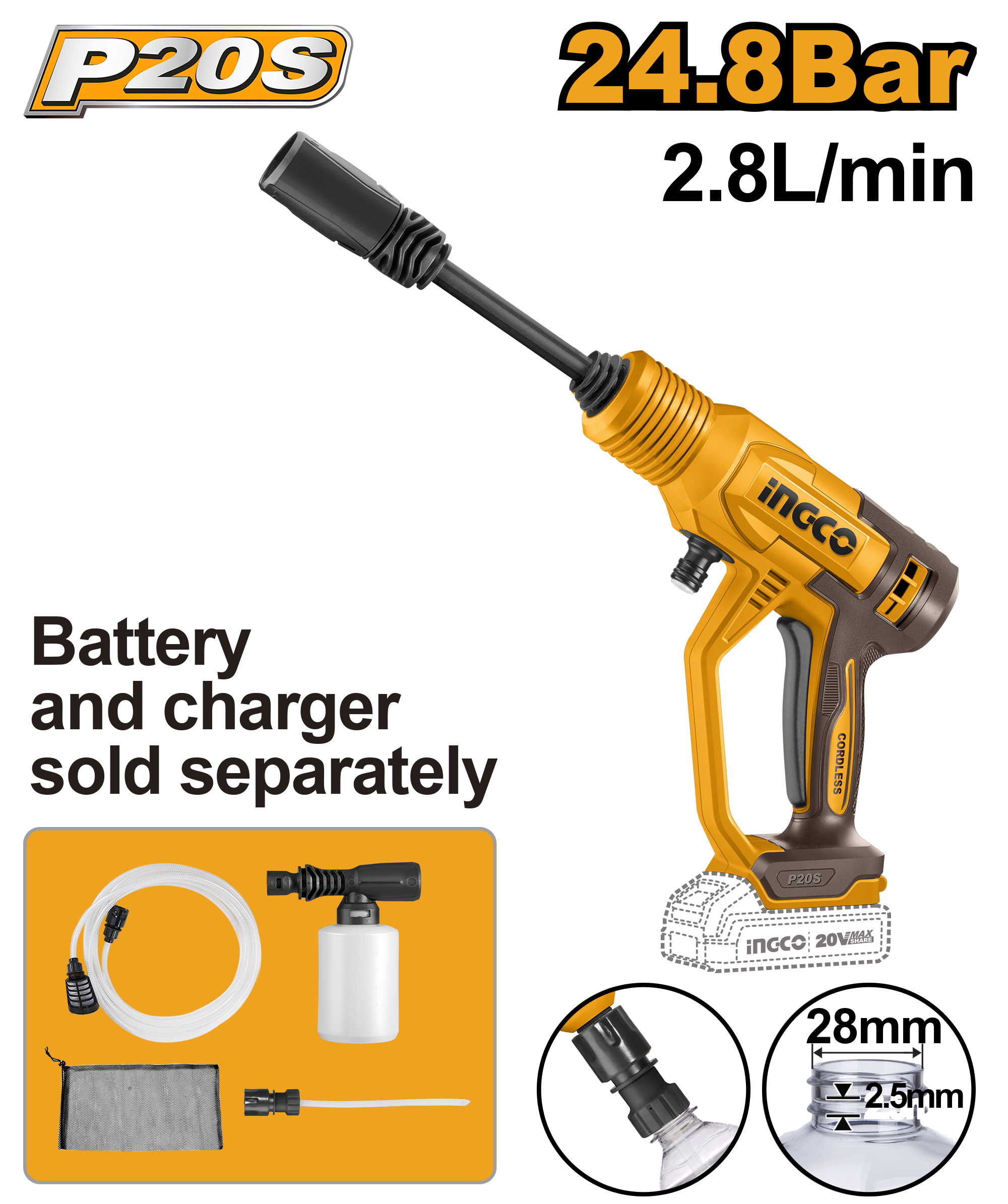 Cordless pressure washer solo 24.8bar - CPWLI2036 - INGCO