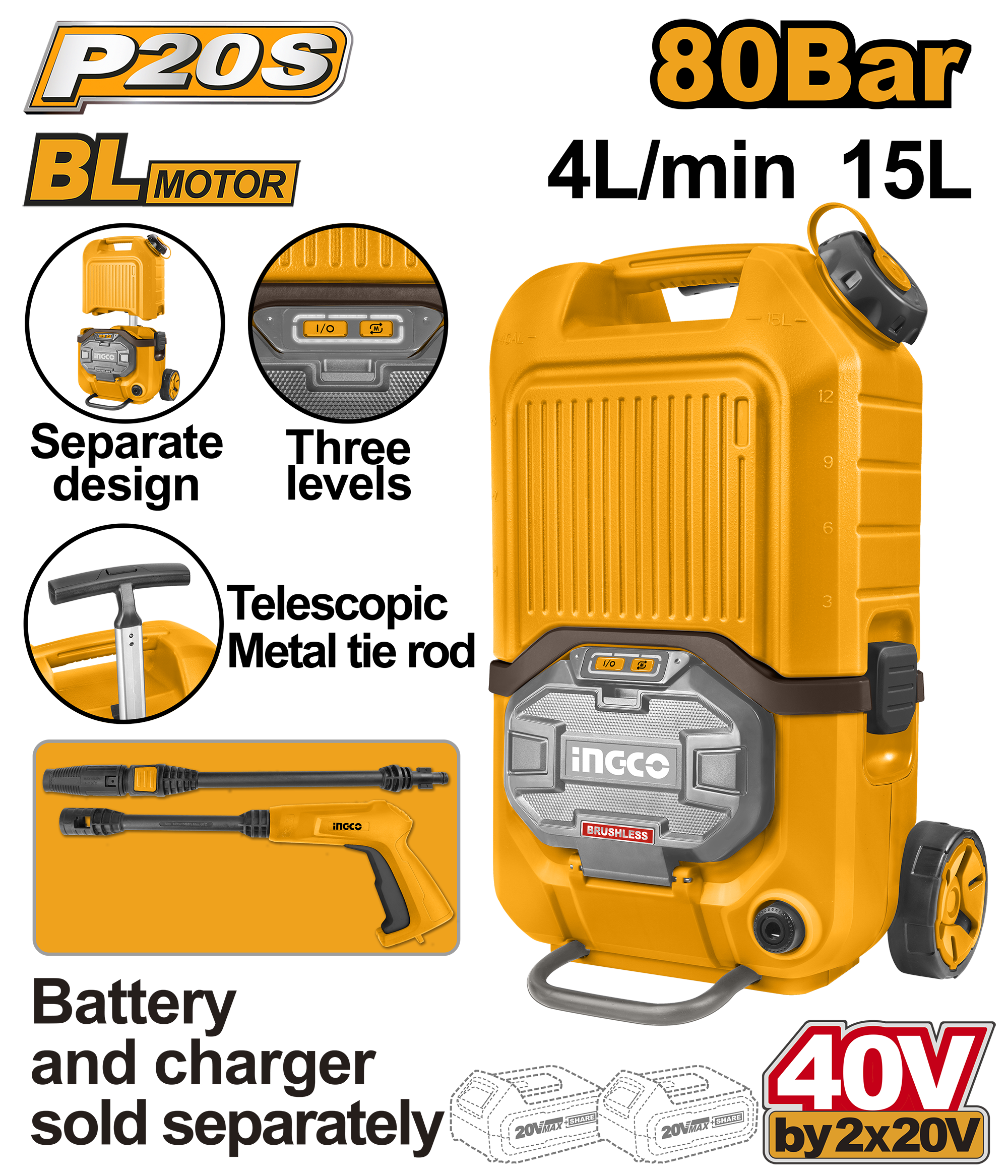 Cordless pressure washer 80bar 40v solo - CPWLI4006 - INGCO