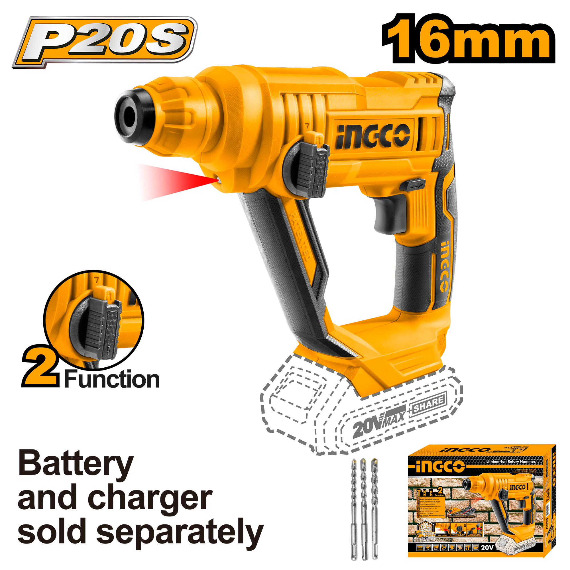 Lithium ion rotary hammer drill solo 20v - CRHLI1601 - INGCO
