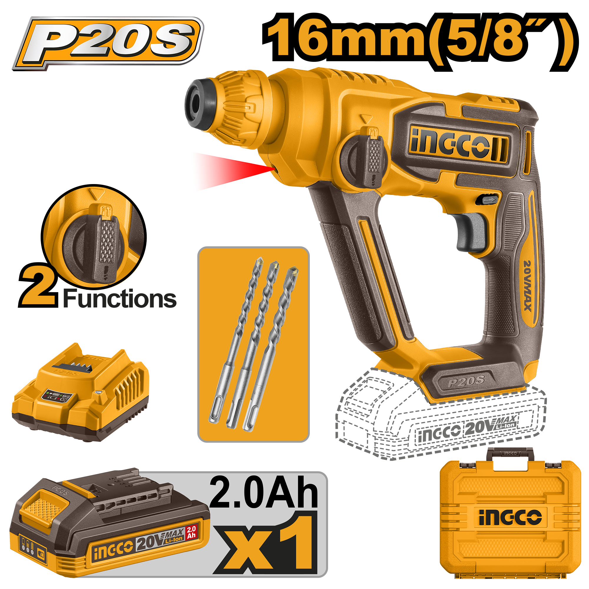 Cordless rotary hammer 20v 16mm set - CRHLI201681 - INGCO