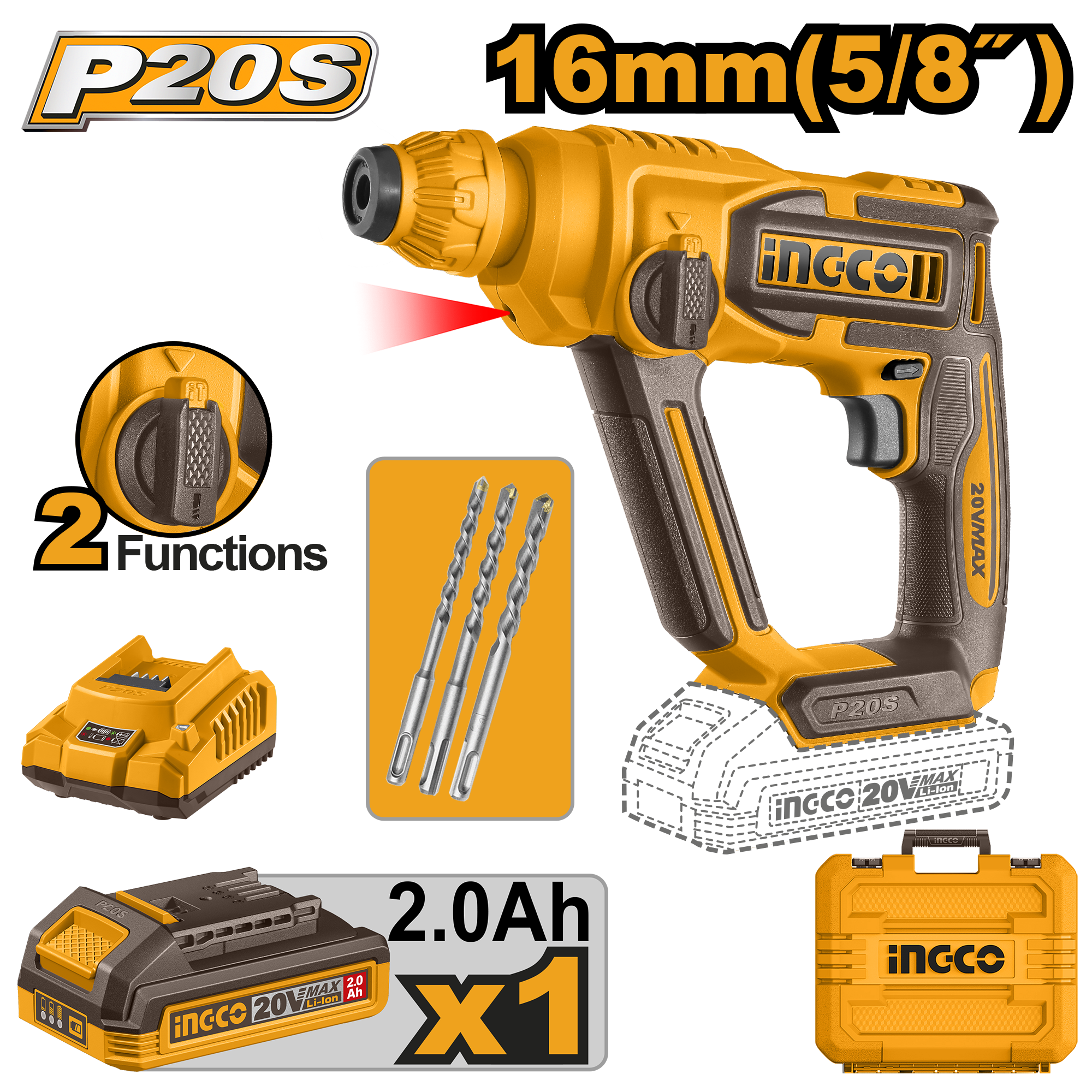 Cordless rotary hammer 20v 16mm set - CRHLI201681E - INGCO