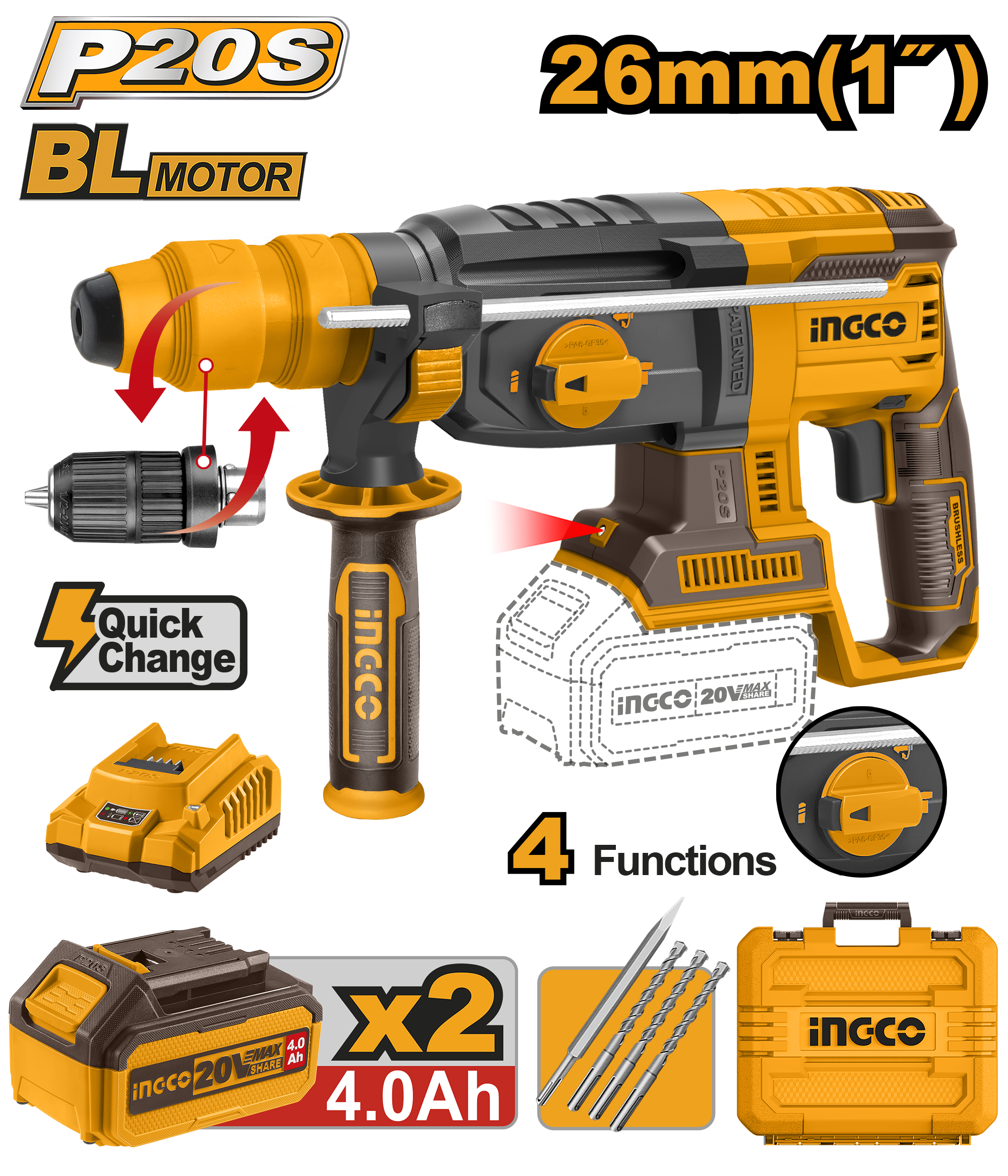 Lithium ion rotary hammer bl 20v set - CRHLI202289 - INGCO