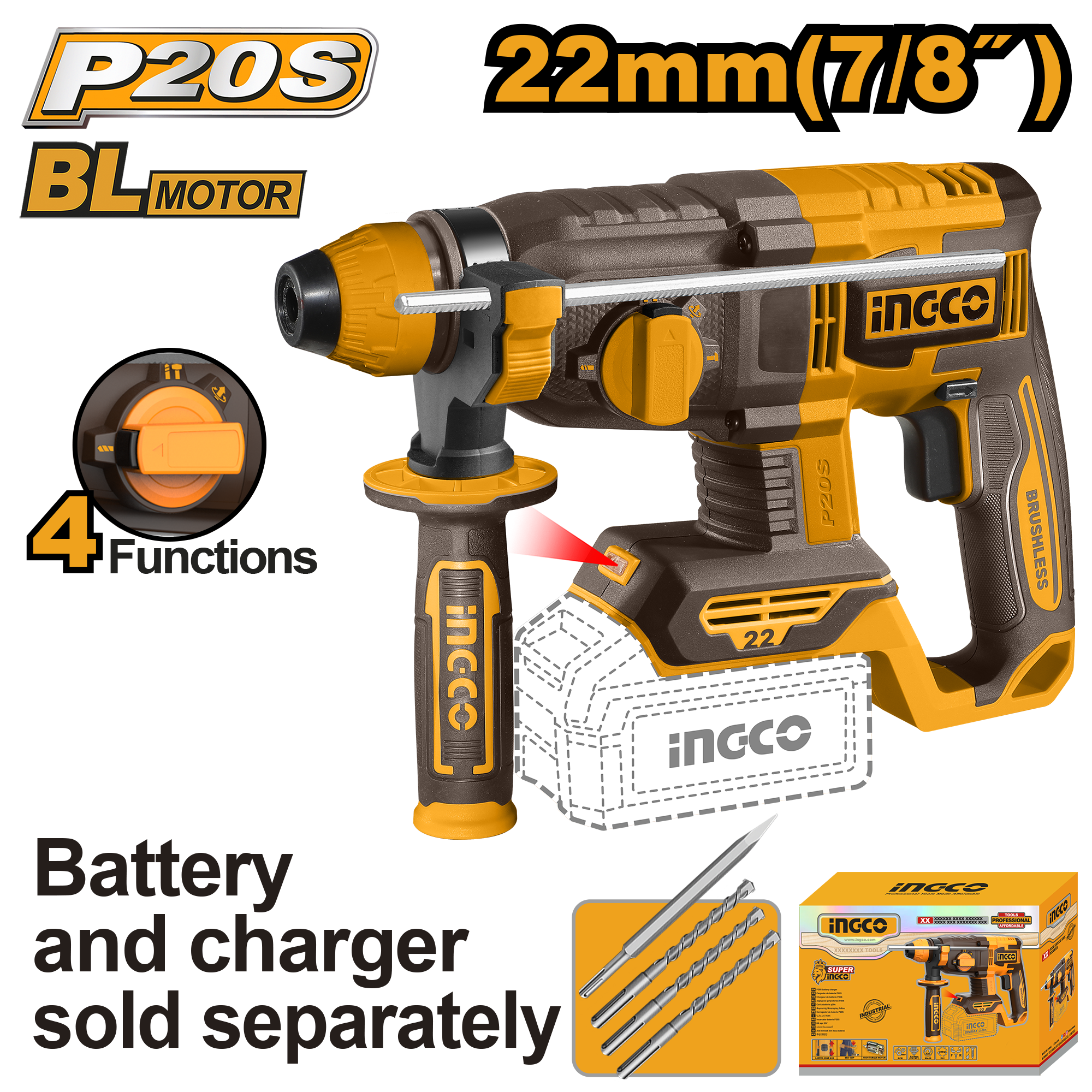 Cordless rotary hammer bl 22mm solo - CRHLI21228 - INGCO