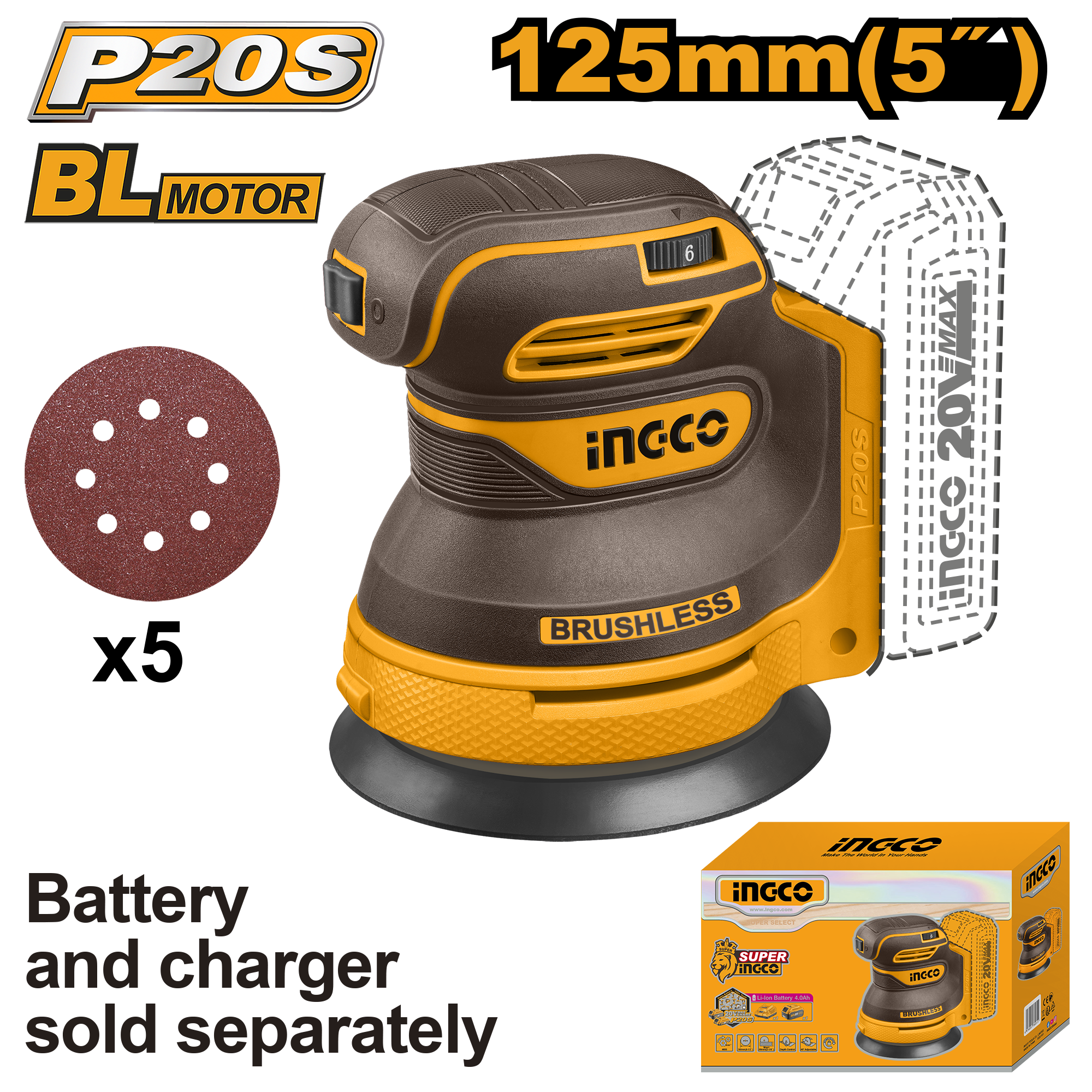 Cordless random orbit sander 125mm solo - CROSLI2002 - INGCO