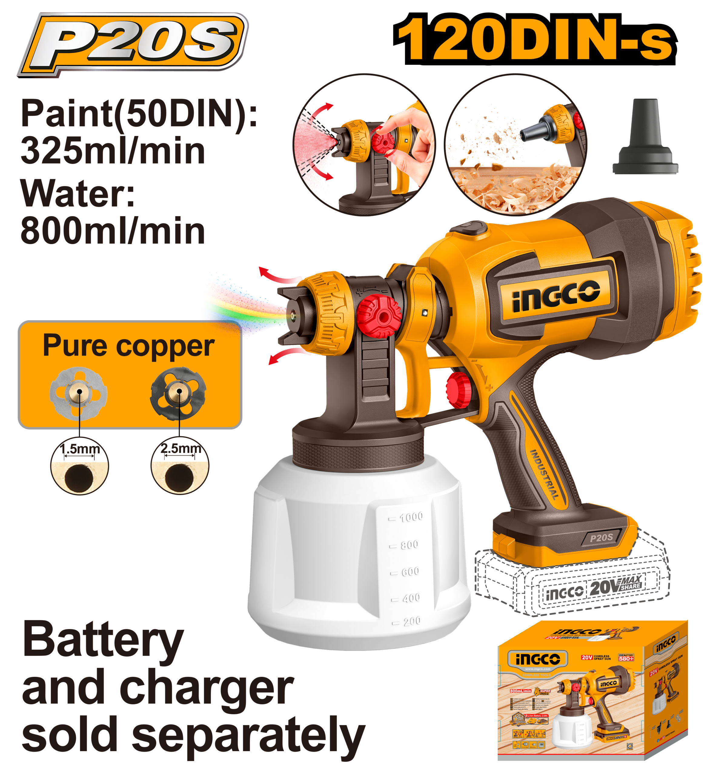Cordless spray gun 20v 800ml solo - CSGLI2004 - INGCO