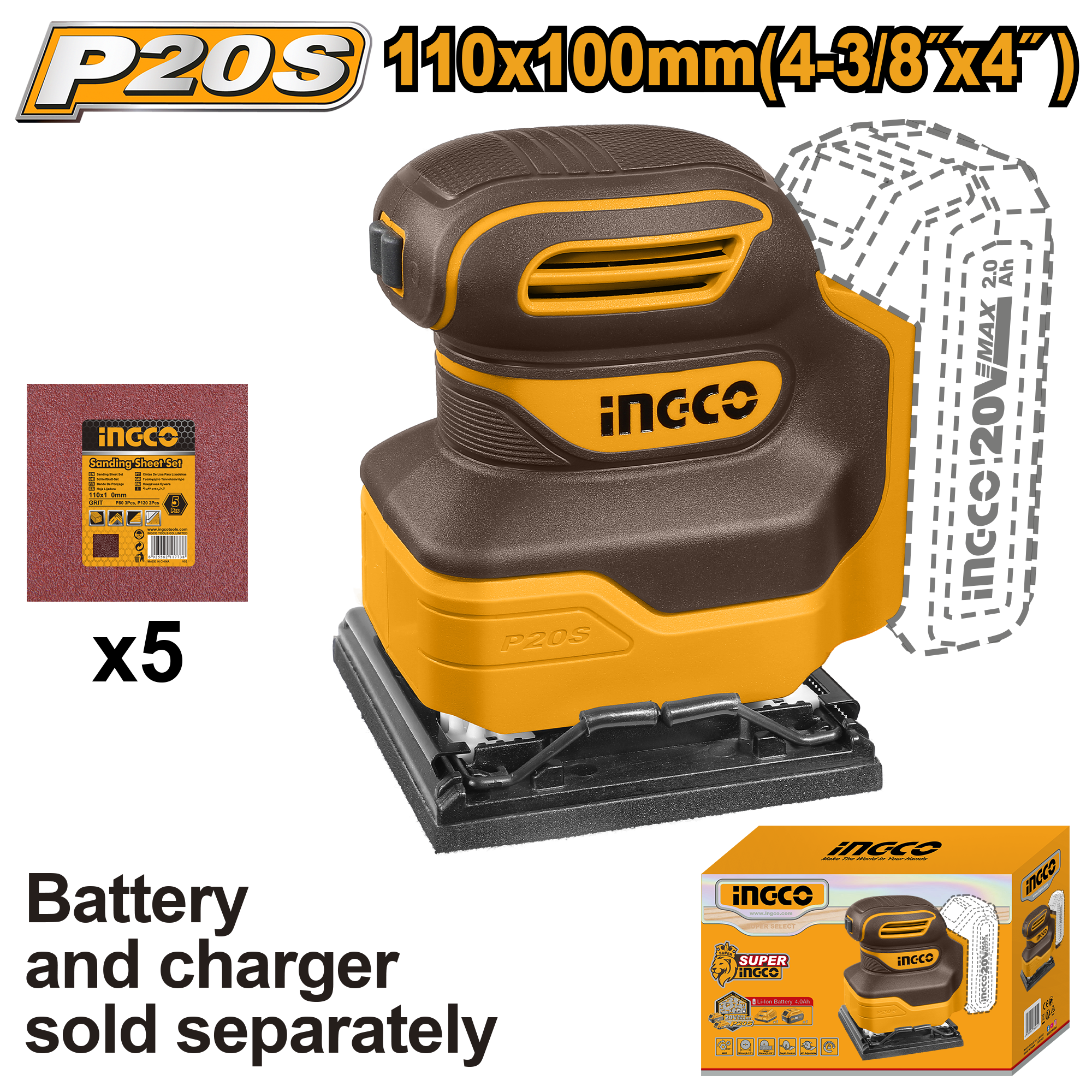 Cordless sheet sander 20v solo - CSHSLI2014 - INGCO