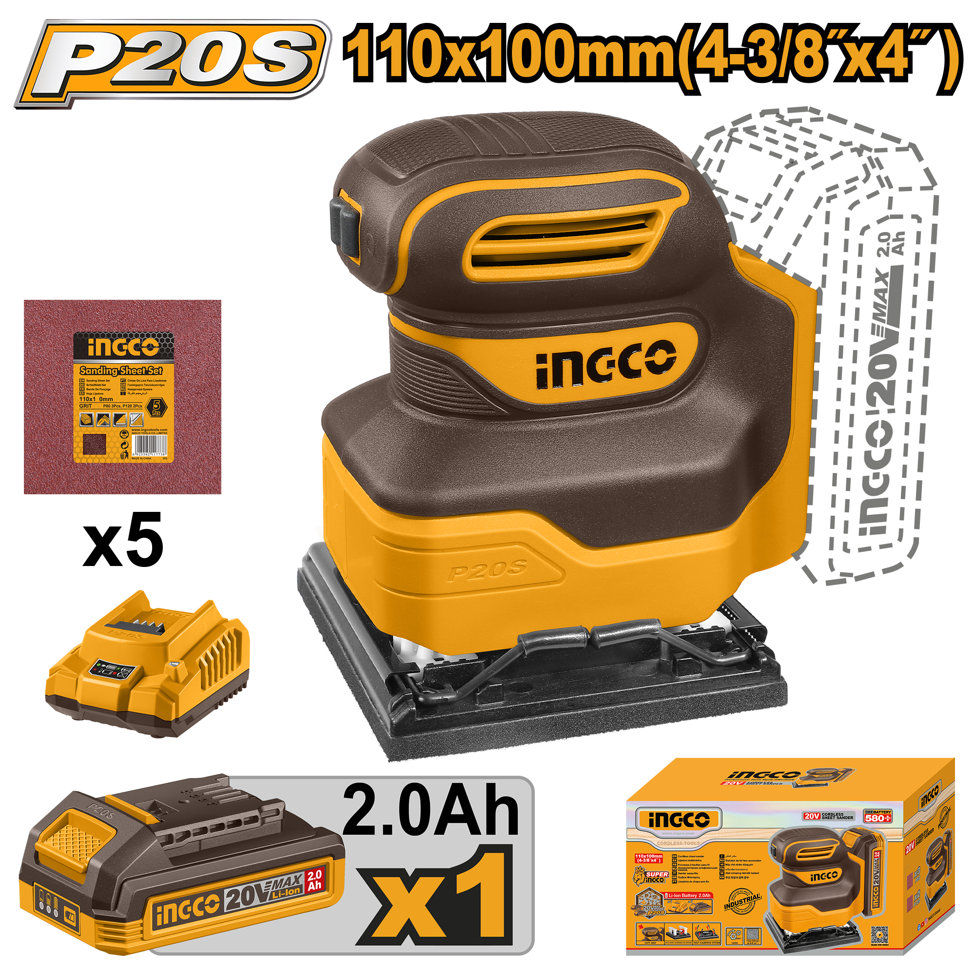 Cordless sheet sander 20v set - CSHSLI20141 - INGCO