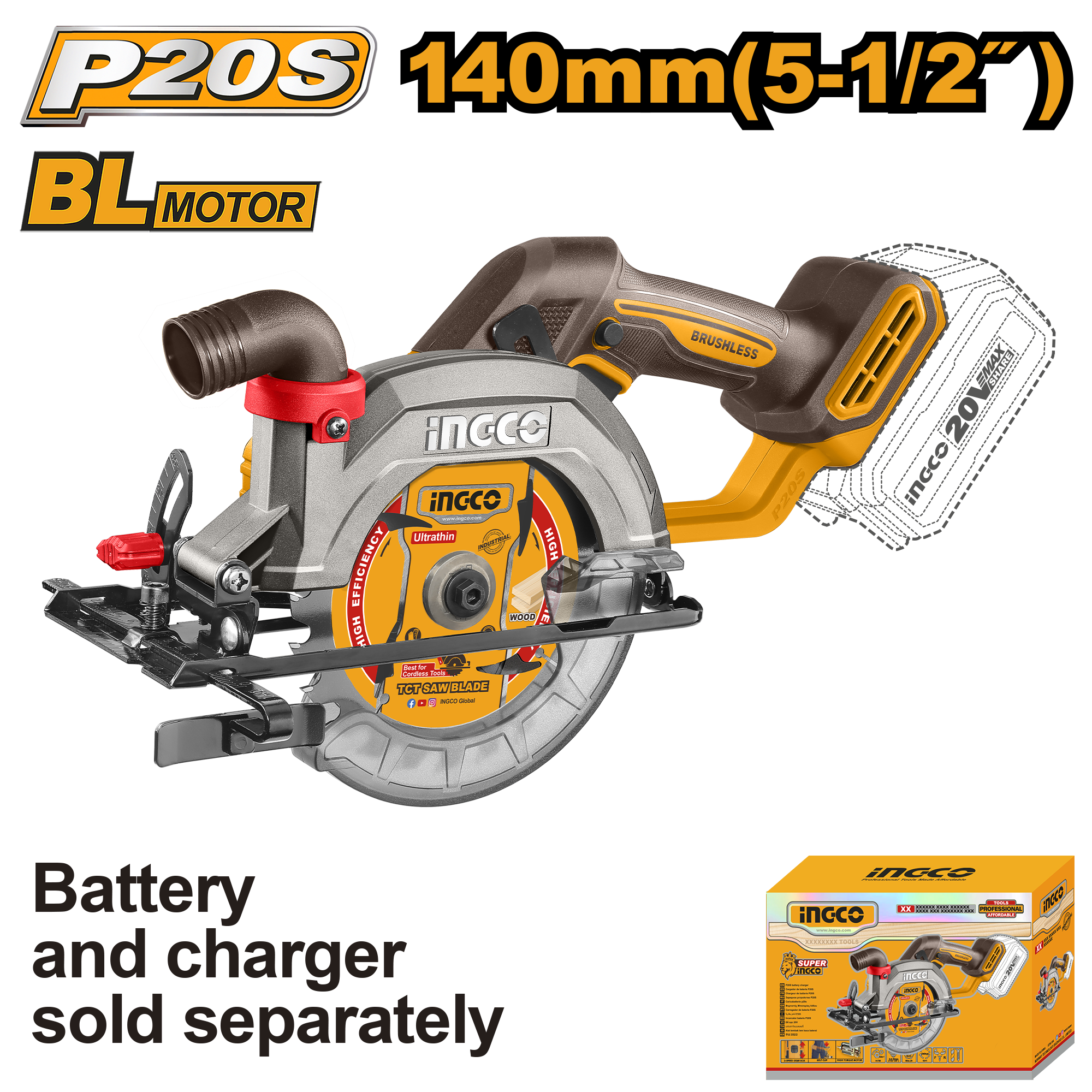 Cordless circular saw 20v 140mm solo - CSLI1402 - INGCO