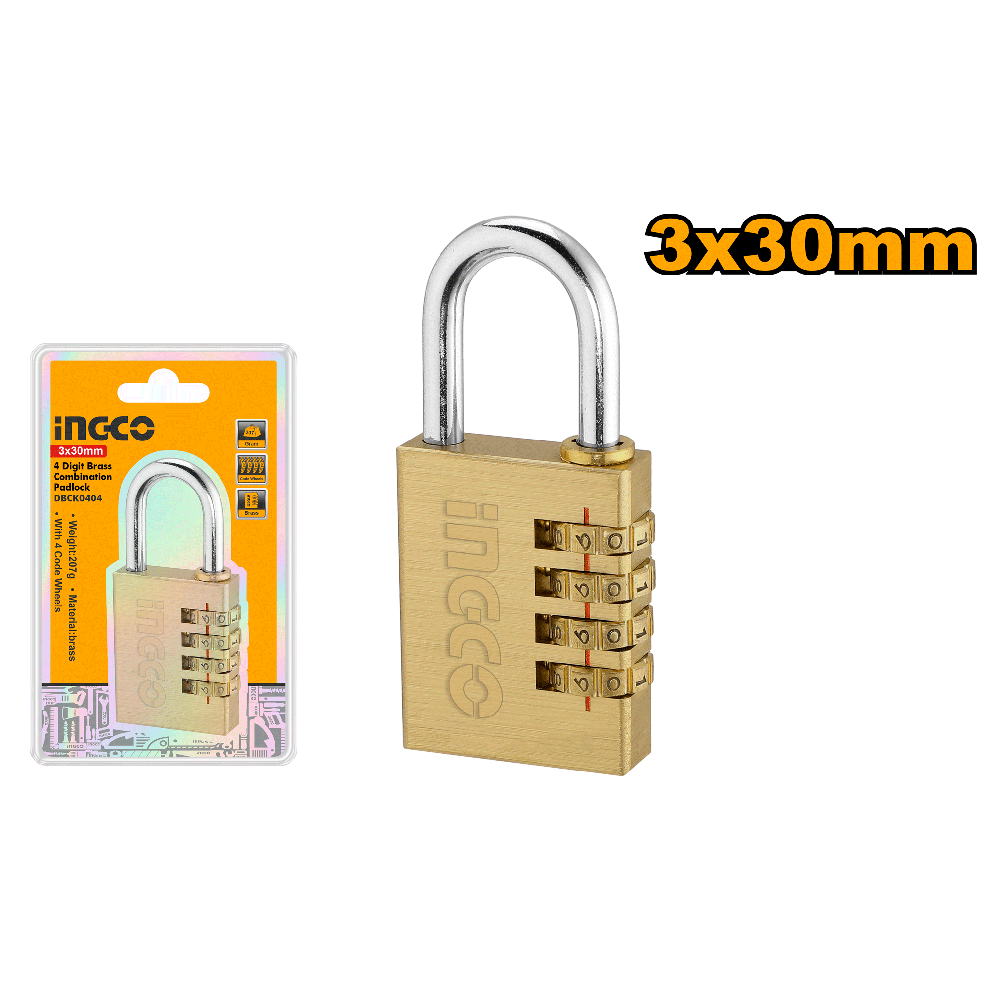 3 Digit brass combination padlock 3χ30μμ - DBCK0303 - INGCO