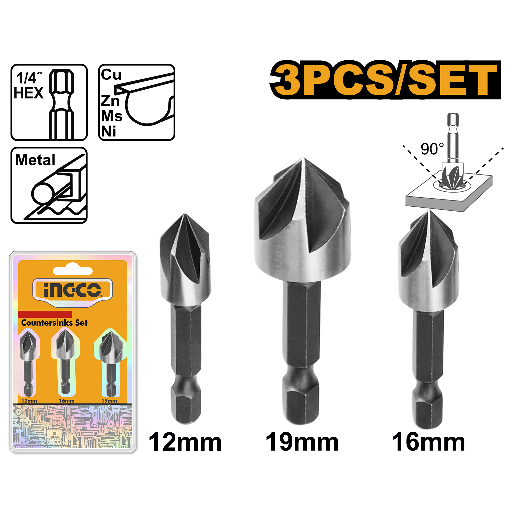 3Pcs countersinks set - DBCS0031 - INGCO