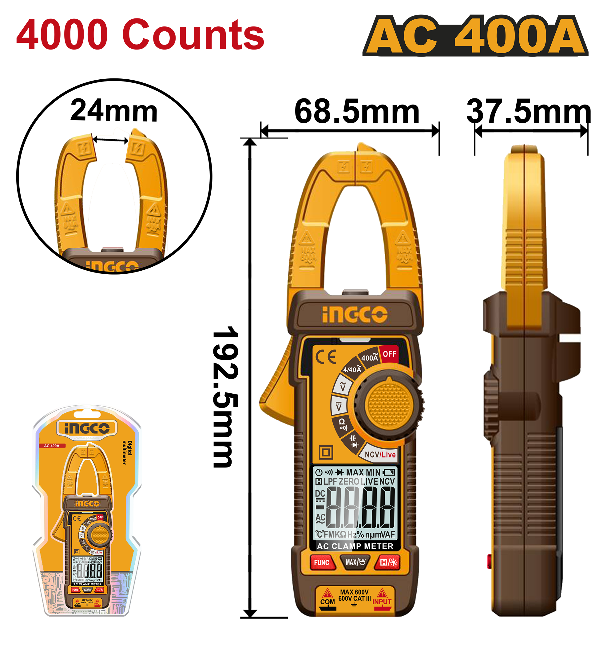 Digital ac clamp meter 400a - DCM62001 - INGCO