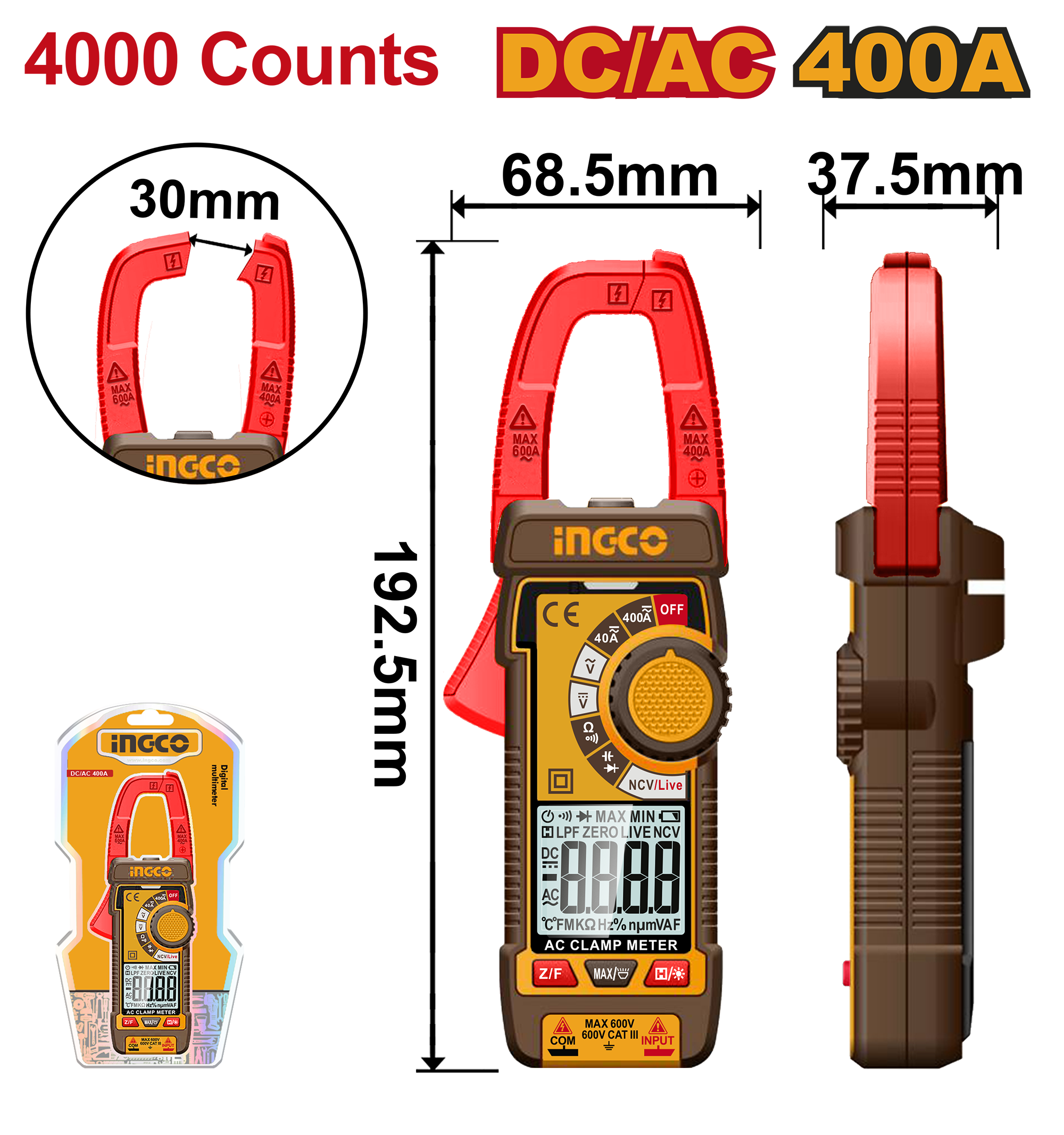Dc ac clamp meter 400a - DCM62002 - INGCO