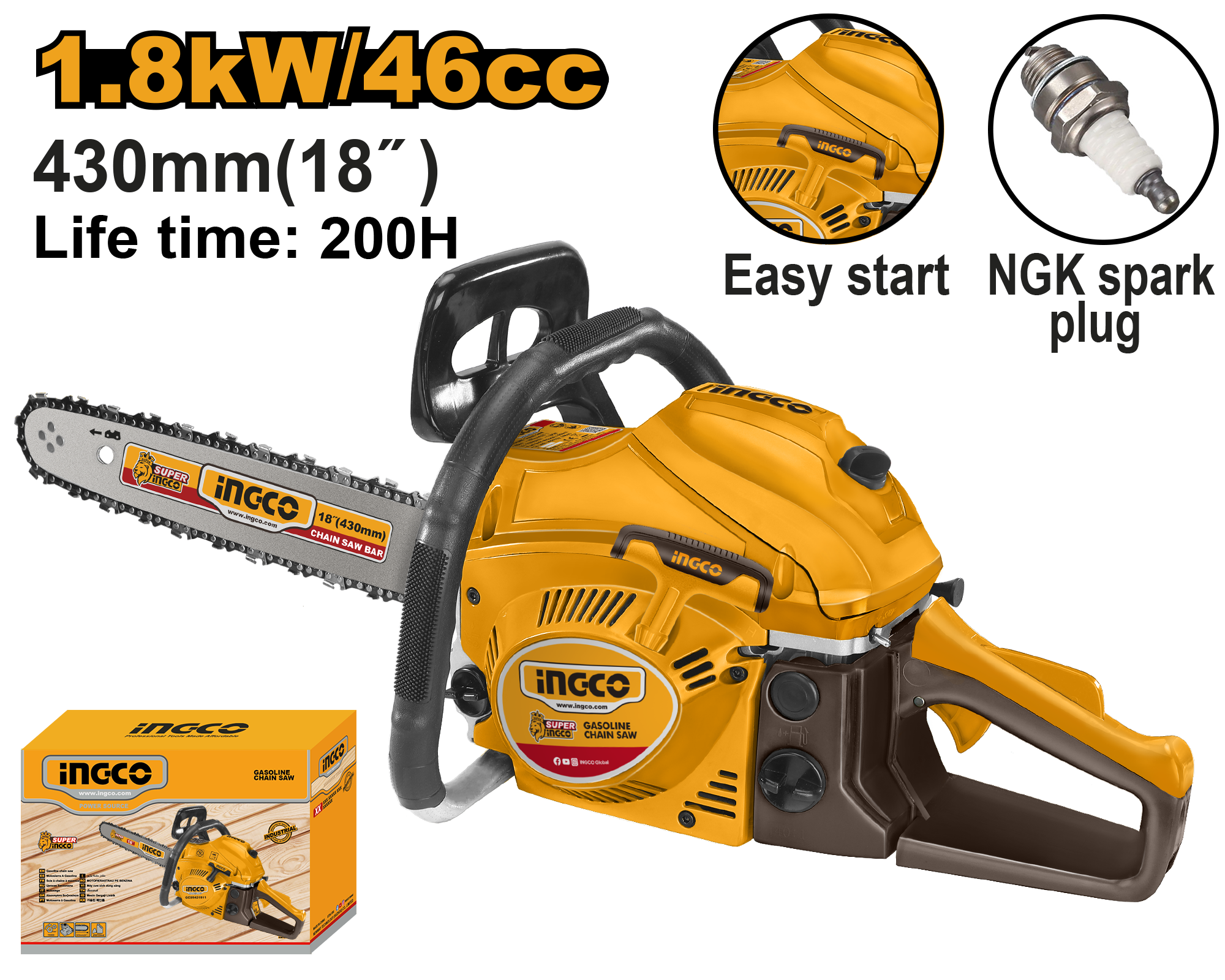 Gasoline chain saw 1.8kw 18’’ - GCS5451811 - INGCO