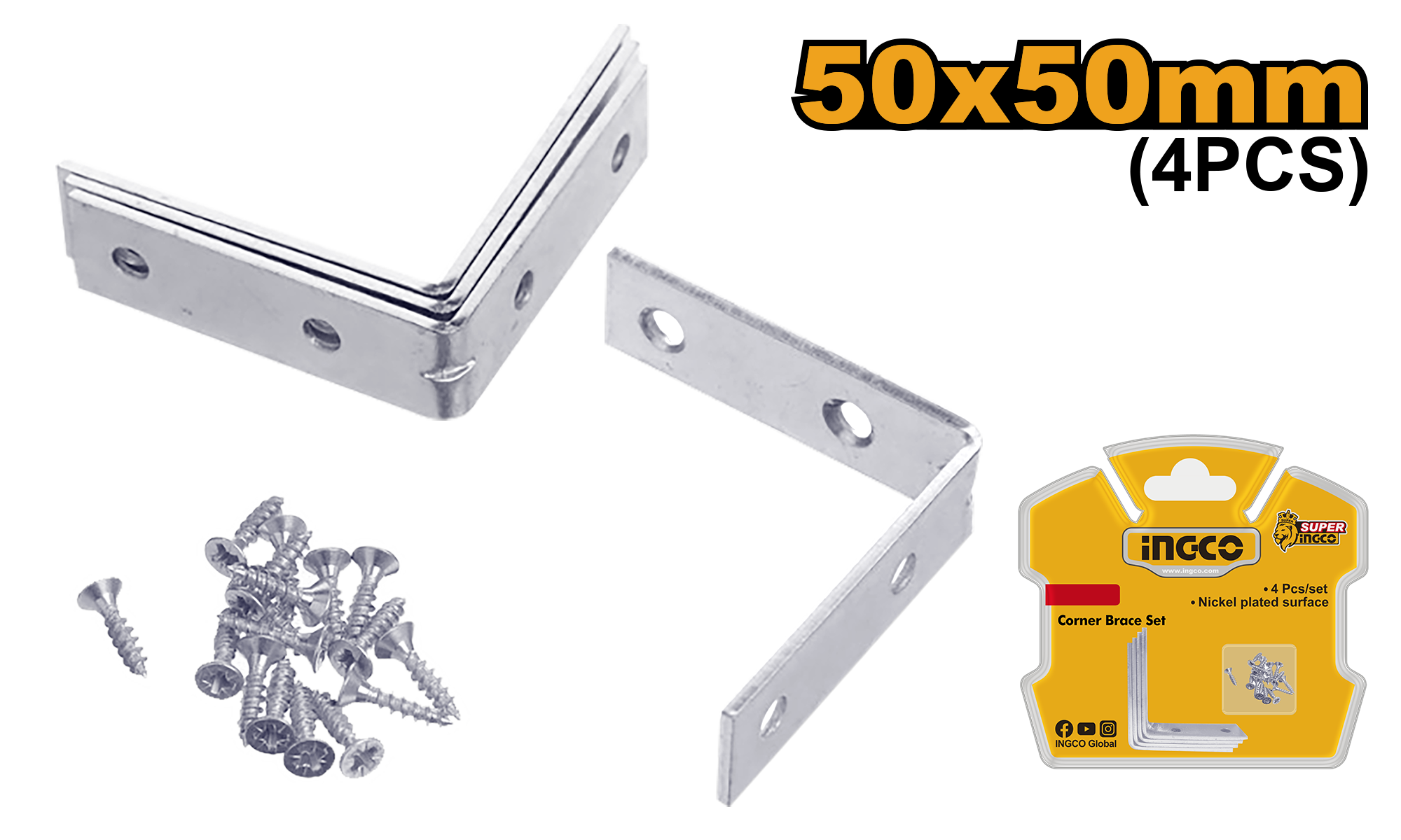 Corner brace 50x50mm set 4pcs - HCB2050 - INGCO
