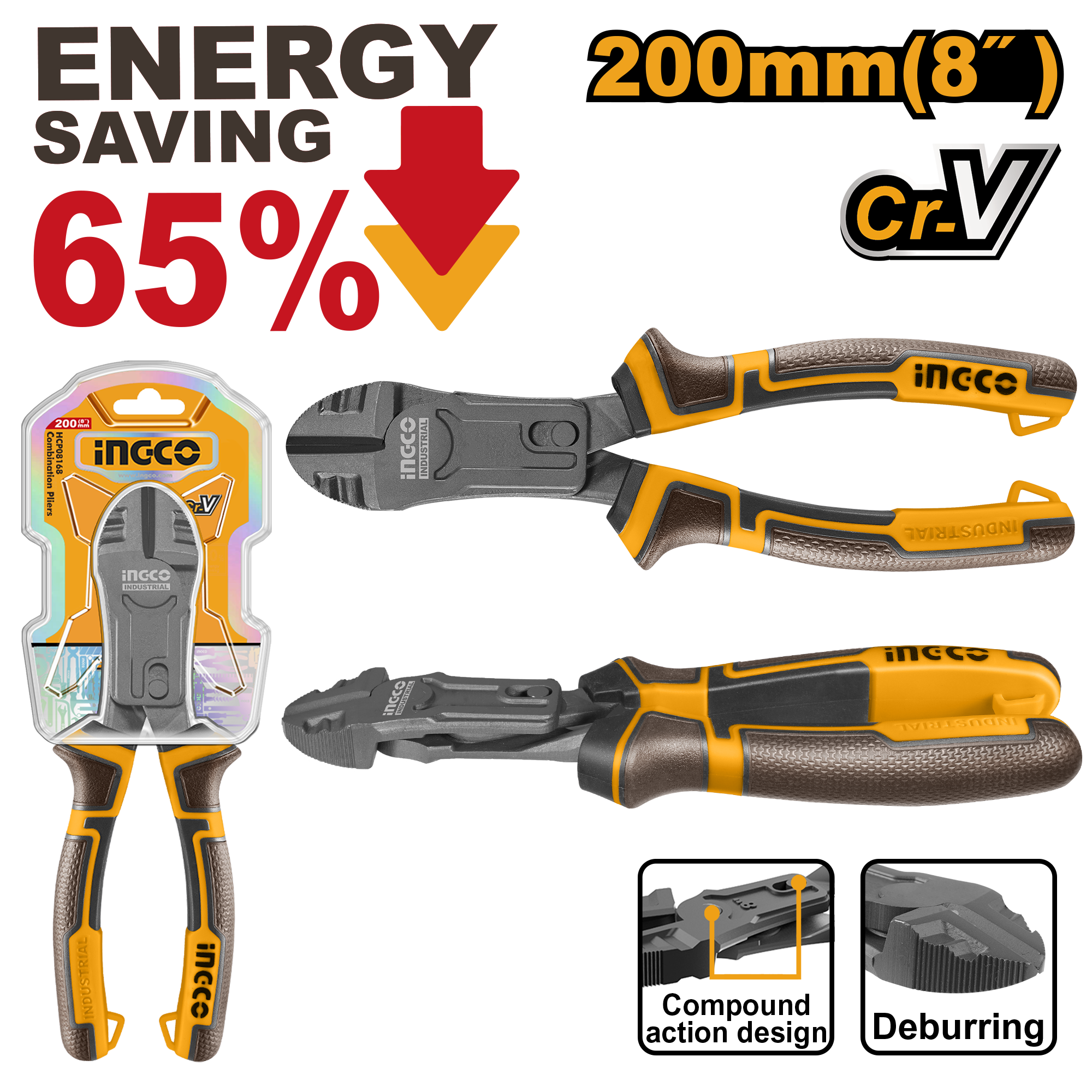 Compound action diagonal cutting pliers 200mm 8 - HCDCP58200 - INGCO