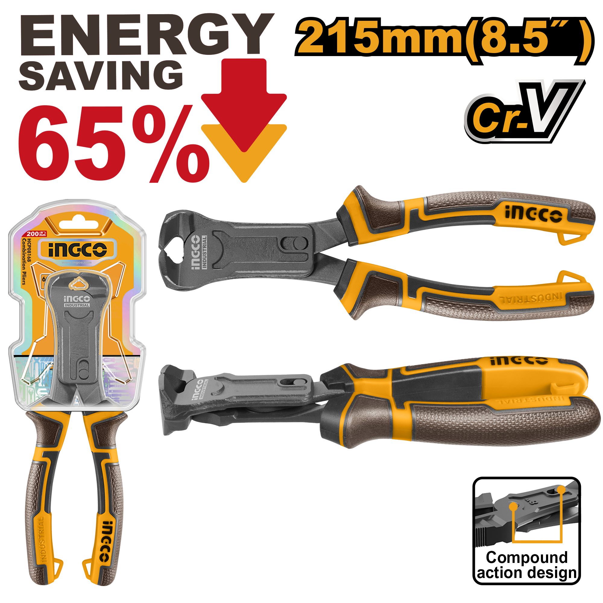Compound action end cutting pliers 215μμ 8.5 - HCECP58200 - INGCO
