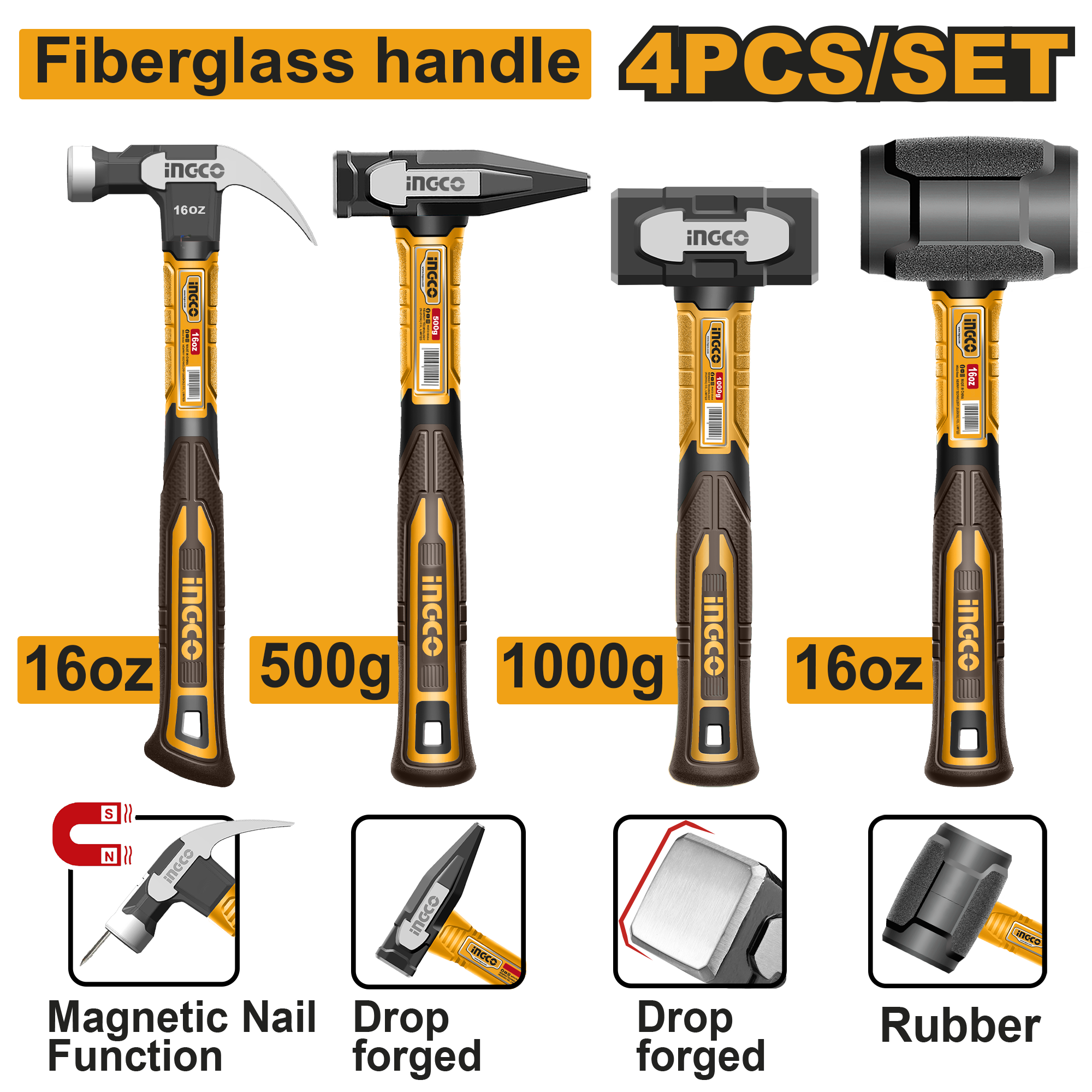 4Pcs hammer set - HCH9004 - INGCO