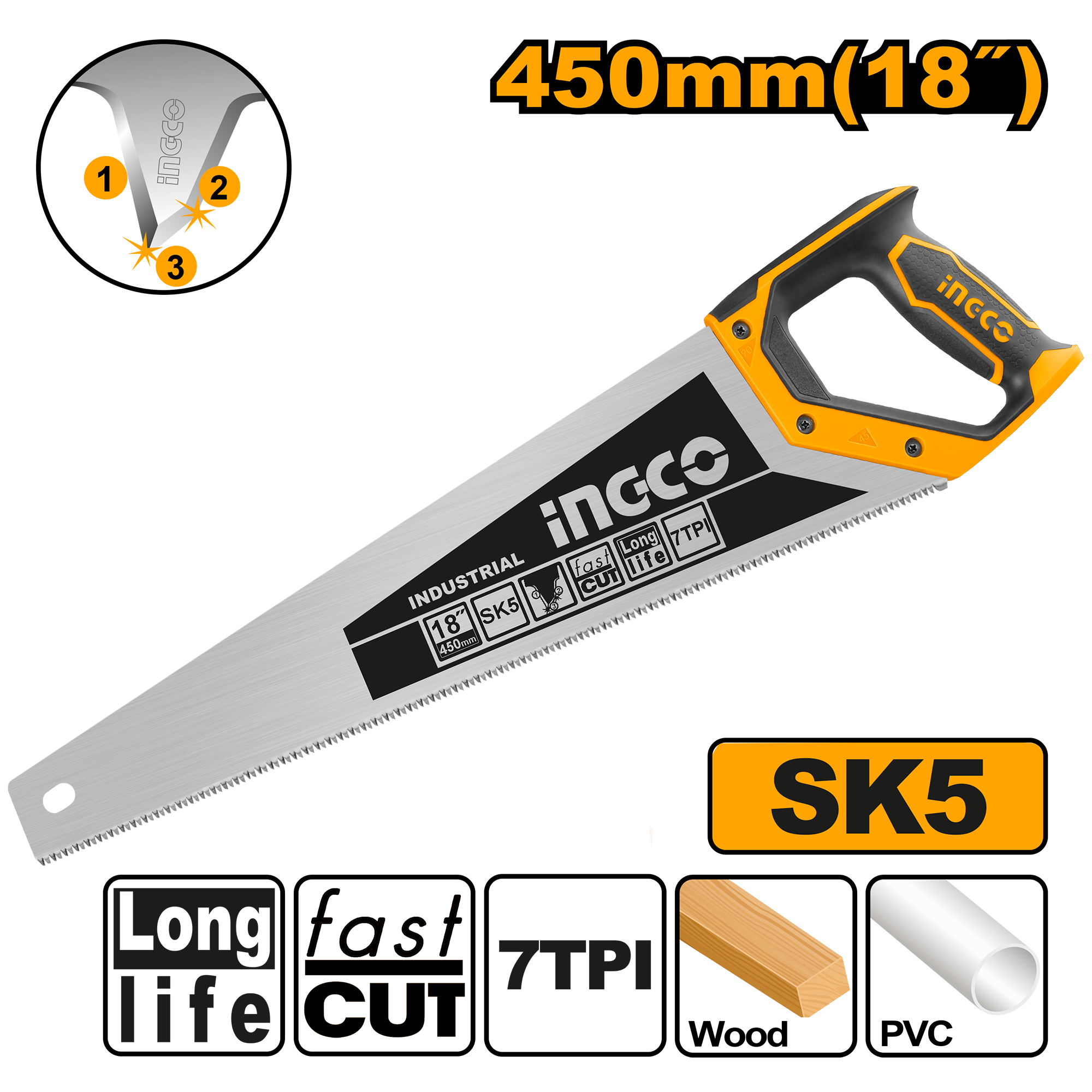 Hand saw 18’’ 450μμ 7tpi - HHAS28450 - INGCO