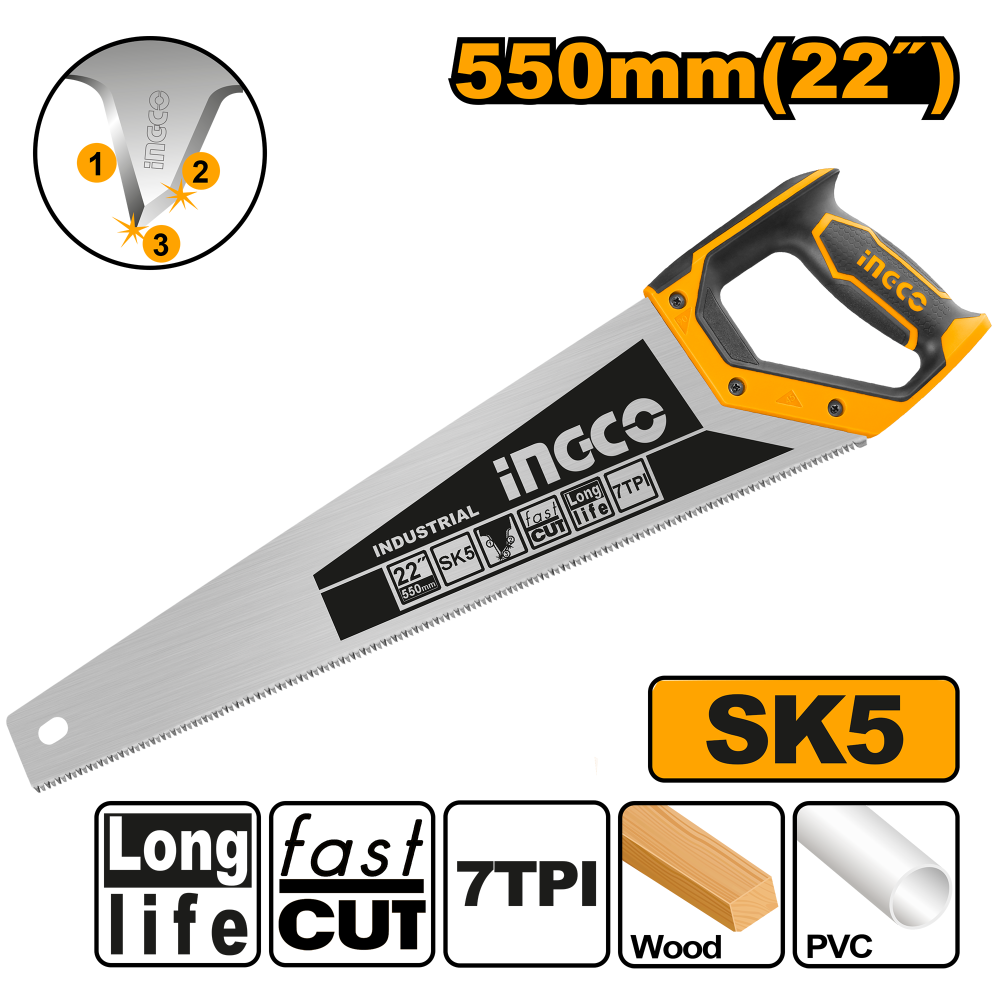 Hand saw 22’’ 550μμ 7tpi - HHAS28550 - INGCO